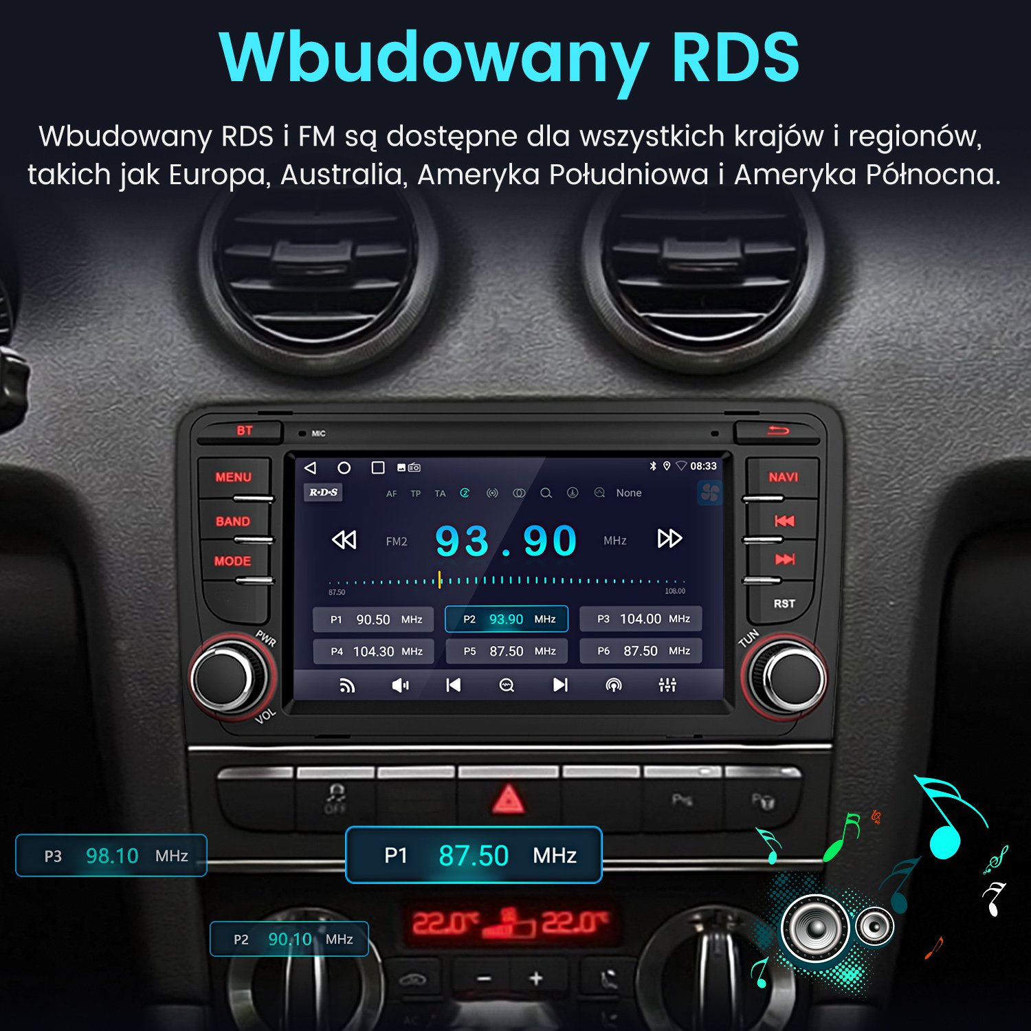 Ekran radia samochodowego wyświetlający informacje radiowe FM, z przyciskami i pokrętłami. Polski tekst o dostępności RDS i FM.