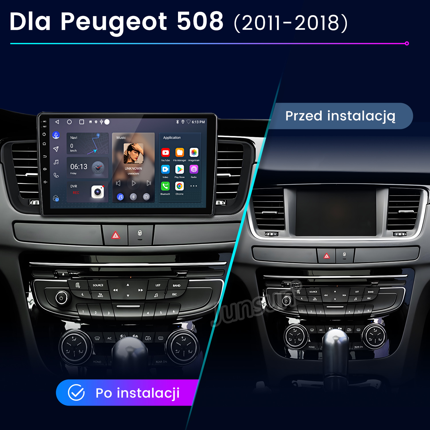 Porównanie deski rozdzielczej samochodu przed i po zainstalowaniu nowego systemu multimedialnego. Nowy system wyświetla aplikacje.