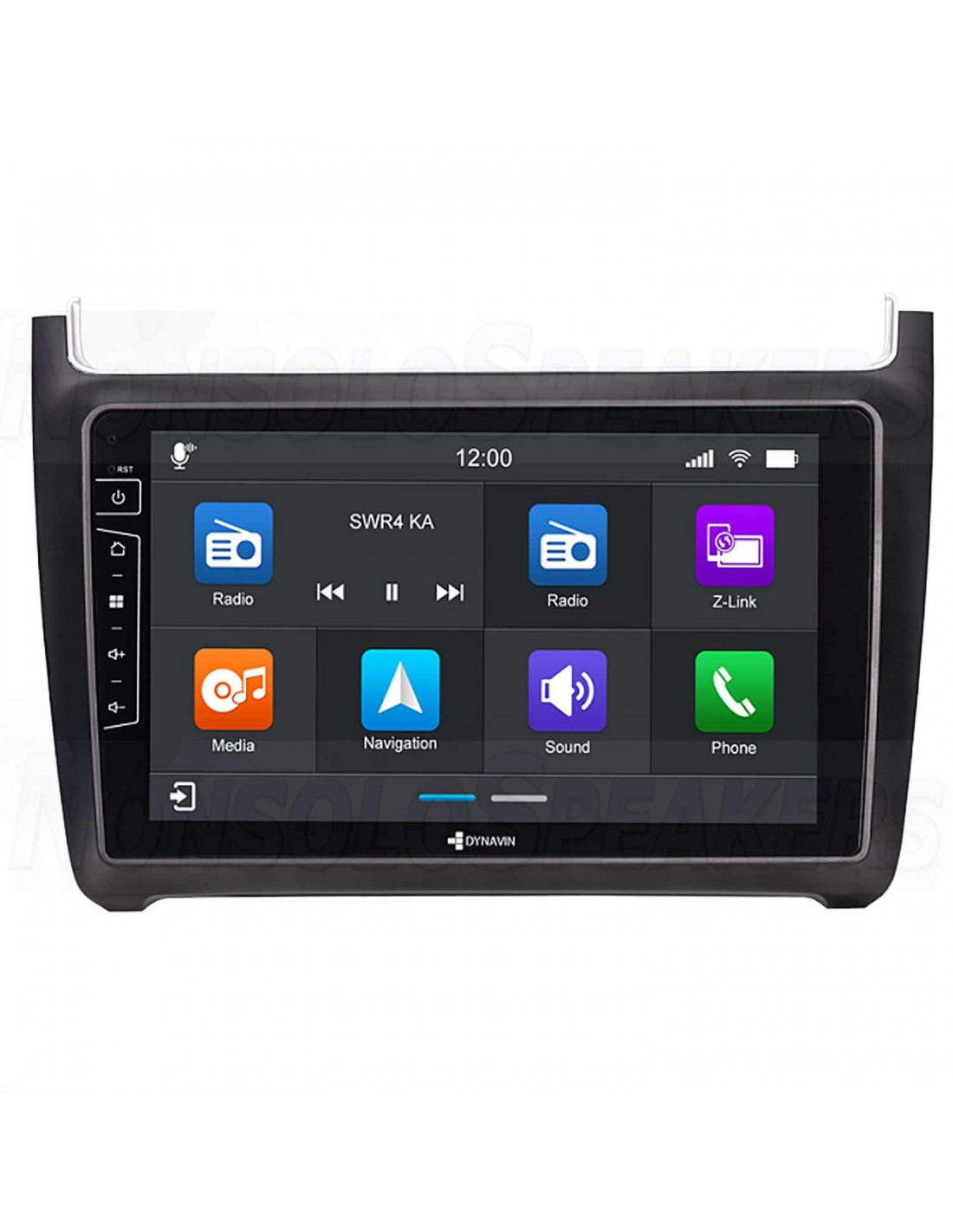 Autoradiobildschirm mit verschiedenen App-Symbolen, darunter Radio, Medien, Navigation, Ton und Telefon. Zeigt Uhrzeit und Signalstärke an.