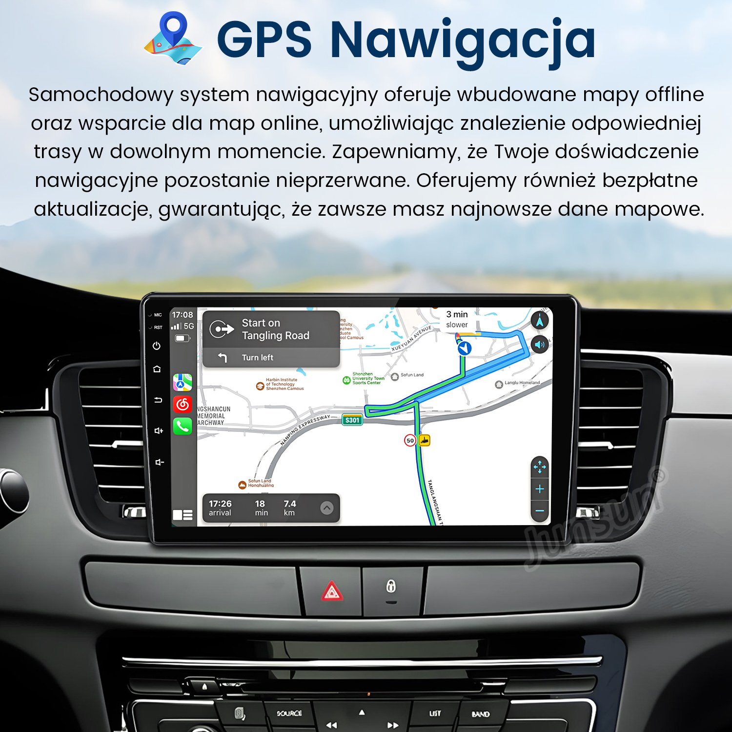 System nawigacji samochodowej z mapą GPS, pokazujący wskazówki i szczegóły trasy na ekranie.