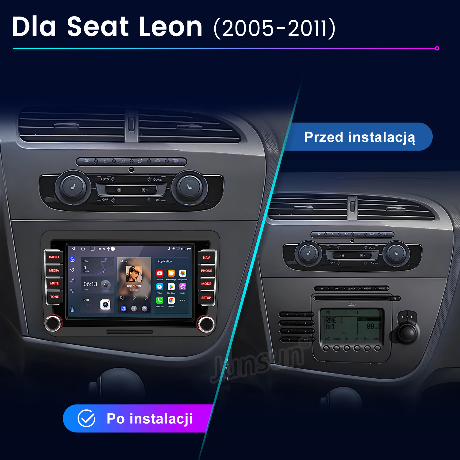 Porównanie deski rozdzielczej samochodu przed i po zainstalowaniu nowego systemu multimedialnego. Pokazuje ekran i przyciski.