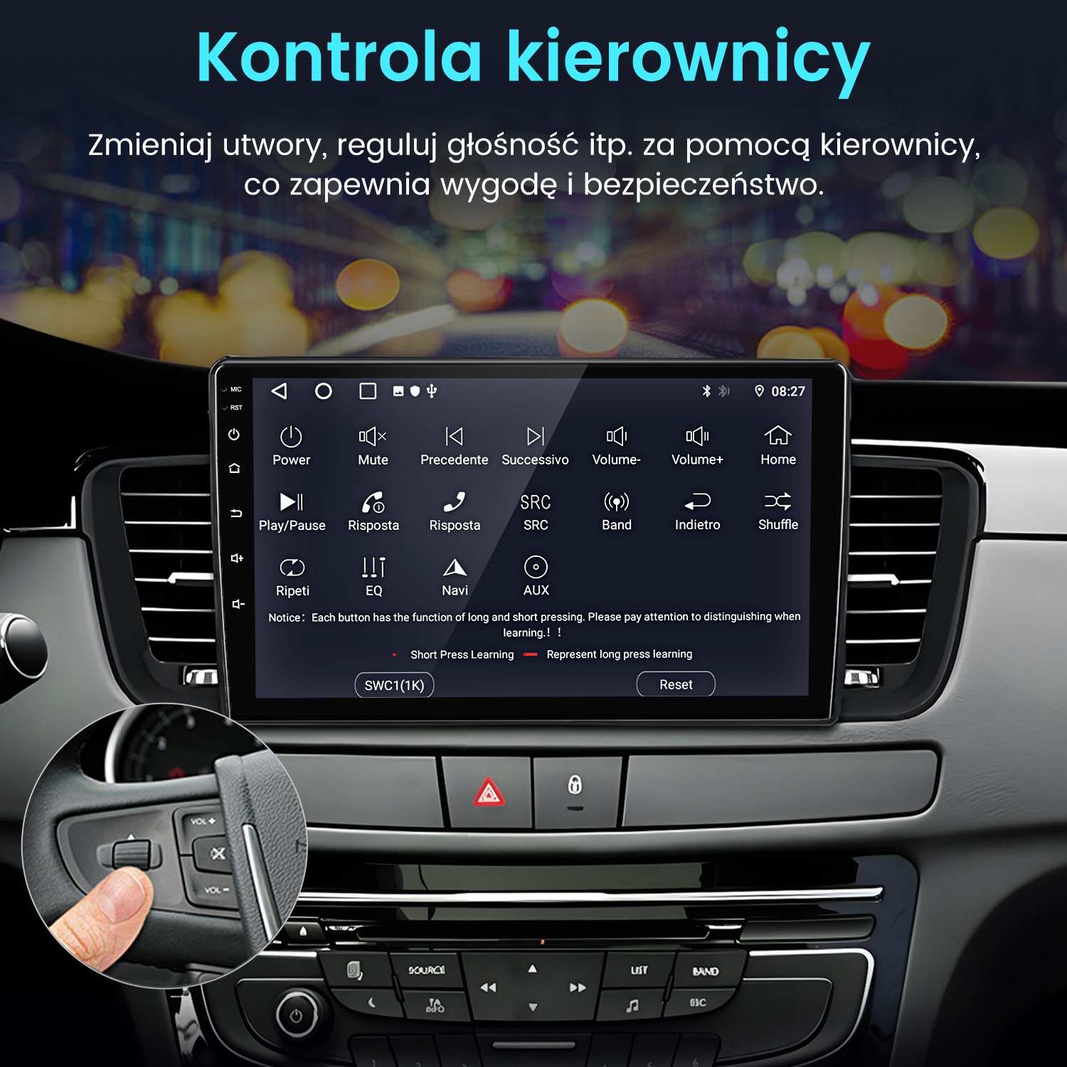 Panel wskaźników samochodu z interfejsem systemu multimedialnego. Ręka naciska przycisk na kierownicy. System wyświetla różne elementy sterujące.