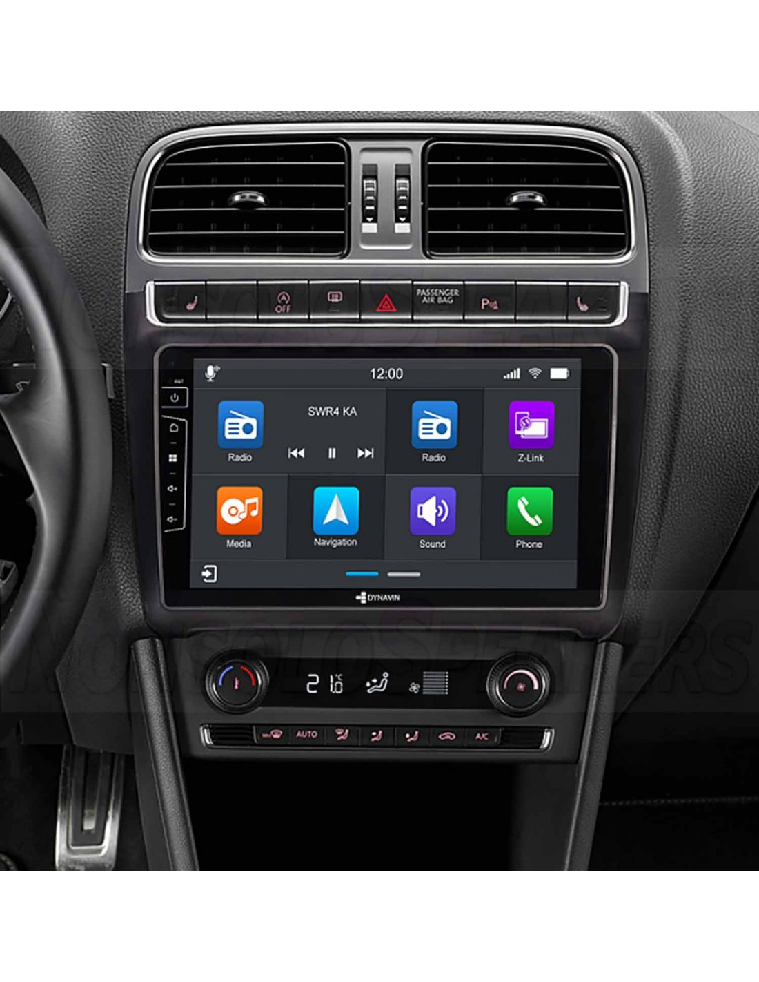 Autoinstrumententafel mit Touchscreen-Display, das Radio, Medien, Navigation und Telefonsymbole sowie Klimabedienelemente zeigt.