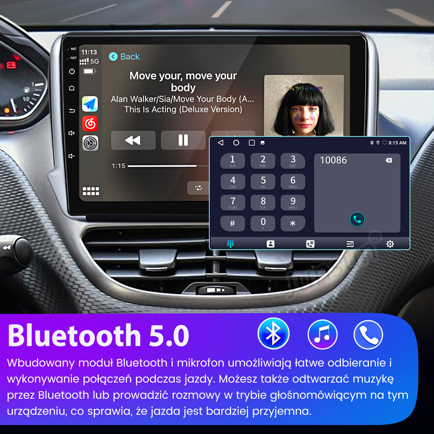 Panel samochodowy z dialerem telefonicznym i odtwarzaczem muzyki. Ekran pokazuje odtwarzany utwór i numer telefonu.