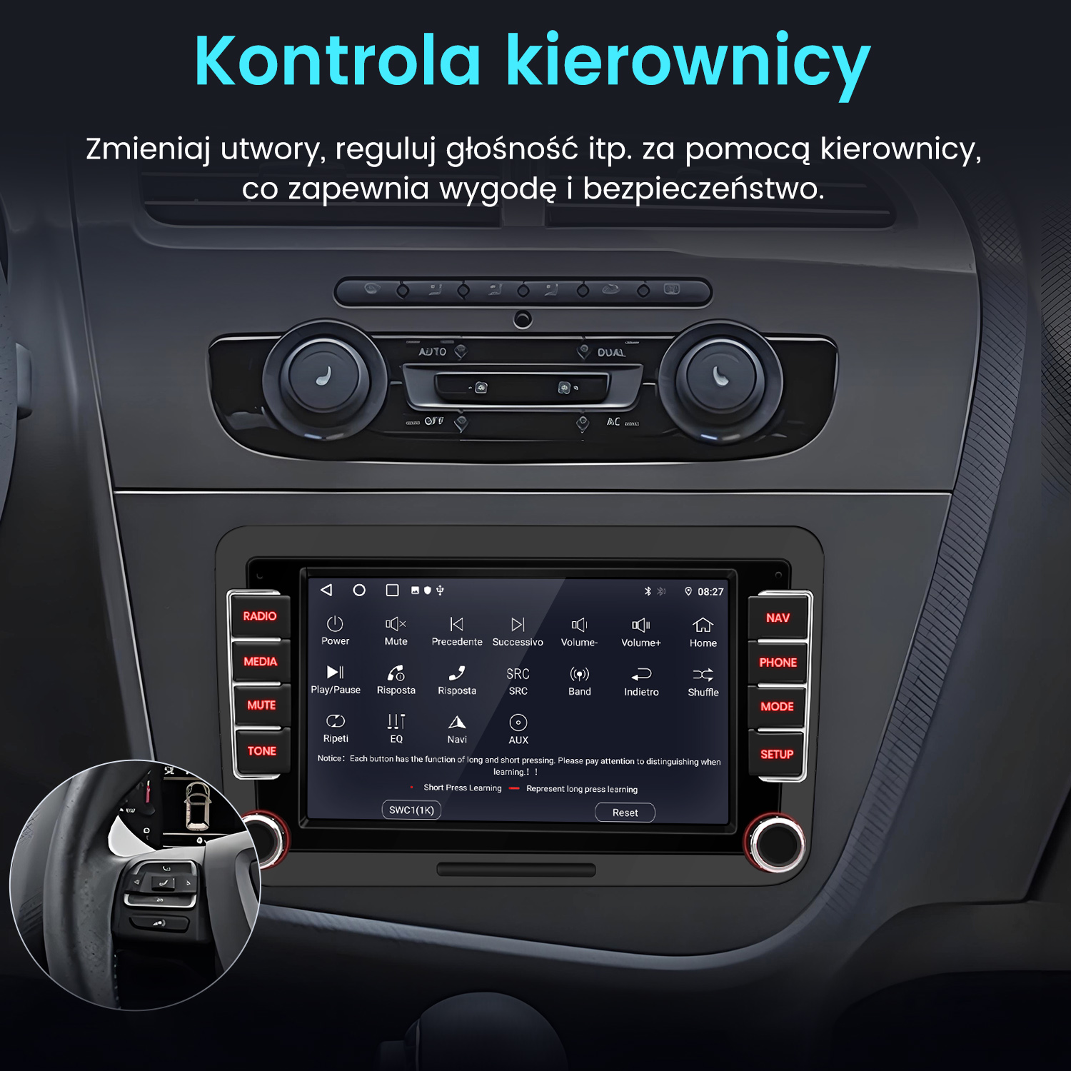 Ekran radia samochodowego pokazujący elementy sterujące. Elementy sterujące kierownicą znajdują się po lewej stronie. Tekst po polsku. Przyciski radia, multimediów, wyciszenia, tonu.