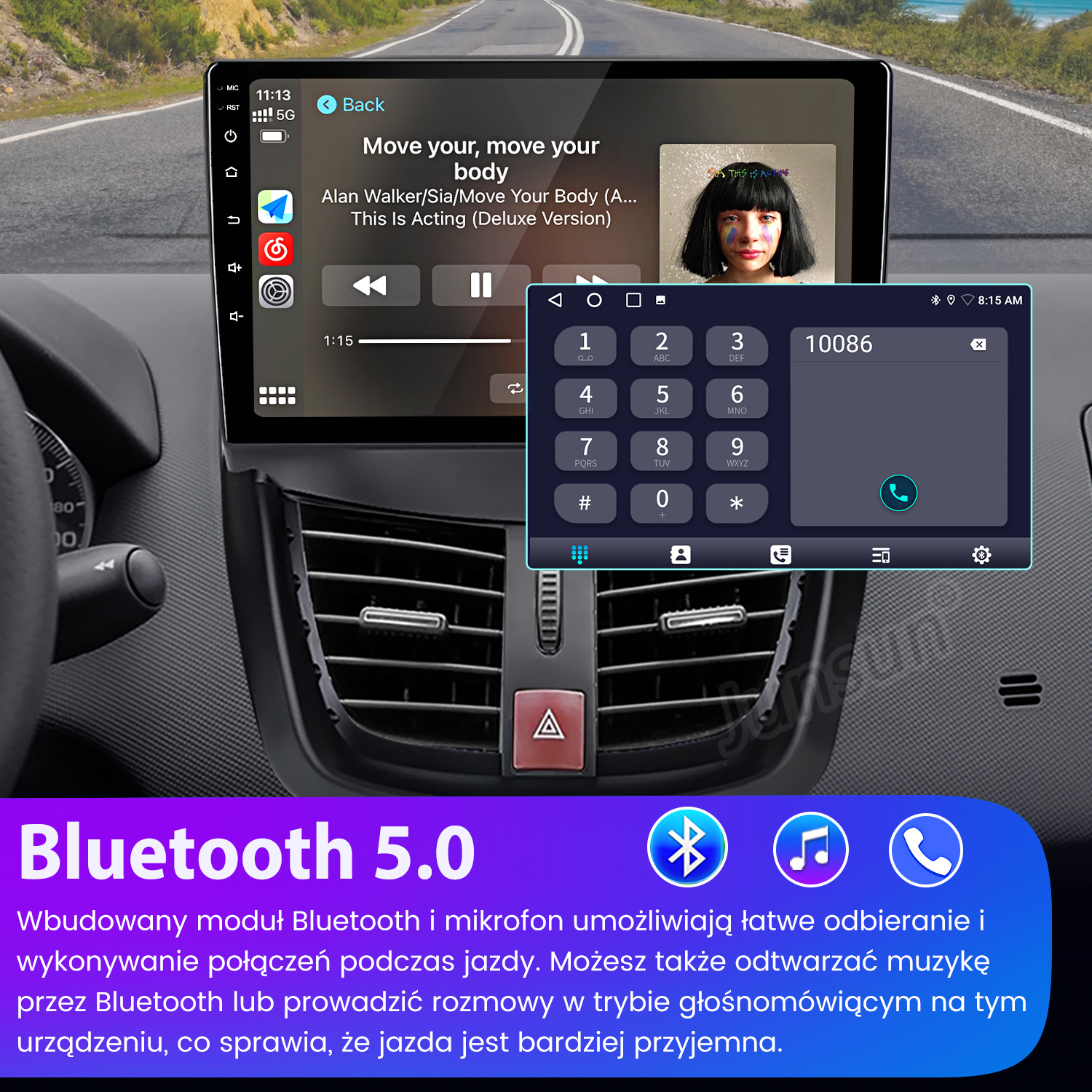 Ekran radia samochodowego wyświetlający dialer telefoniczny, odtwarzacz muzyki i elementy sterowania samochodem. Tło pokazuje drogę.