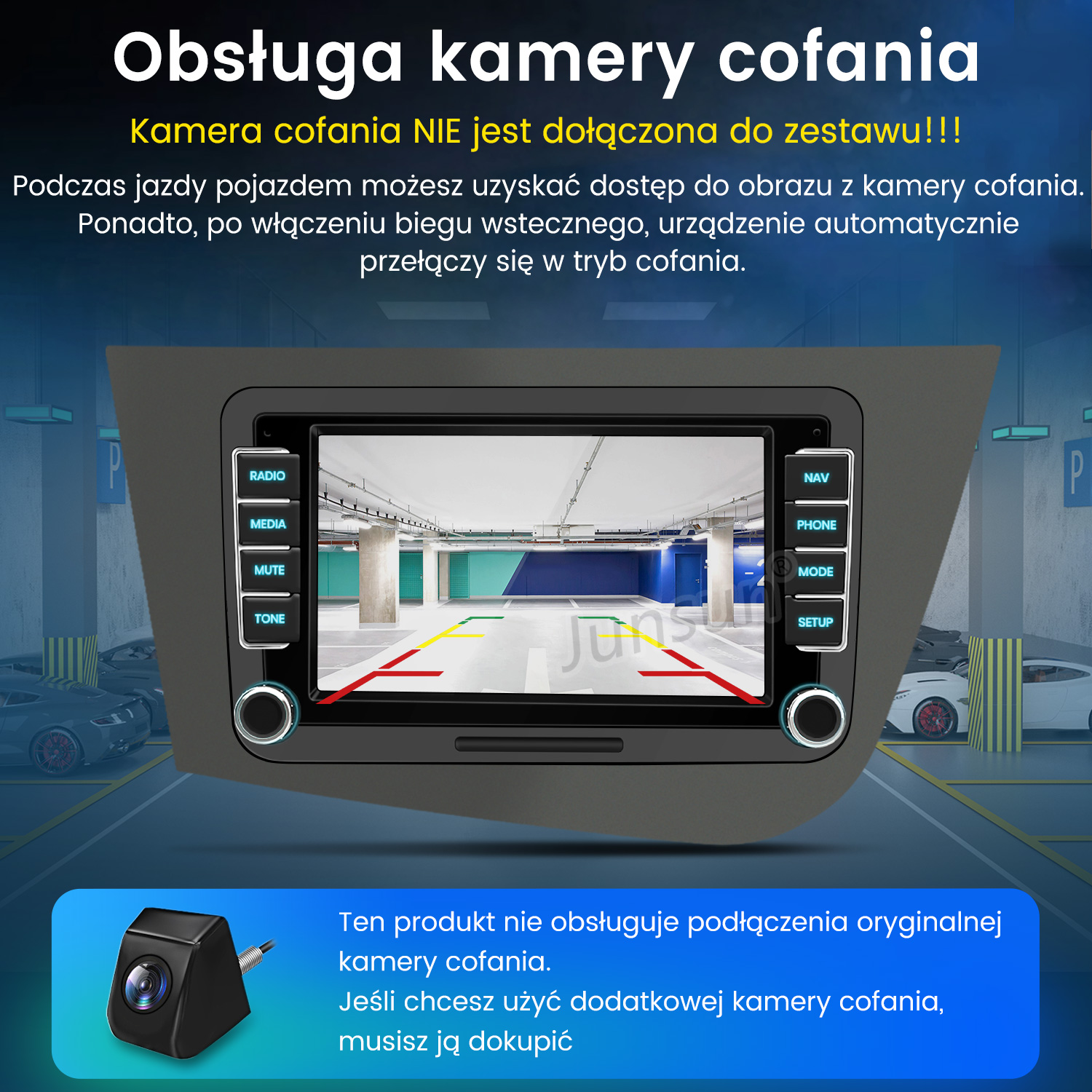 Obraz przedstawia deskę rozdzielczą samochodu z ekranem pokazującym widok parkingu. Mała kamera jest po lewej stronie.