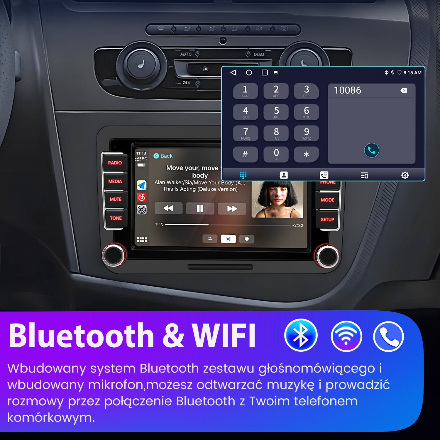 Ekran radia samochodowego z dialerem telefonu i interfejsem odtwarzacza muzyki we wnętrzu samochodu.