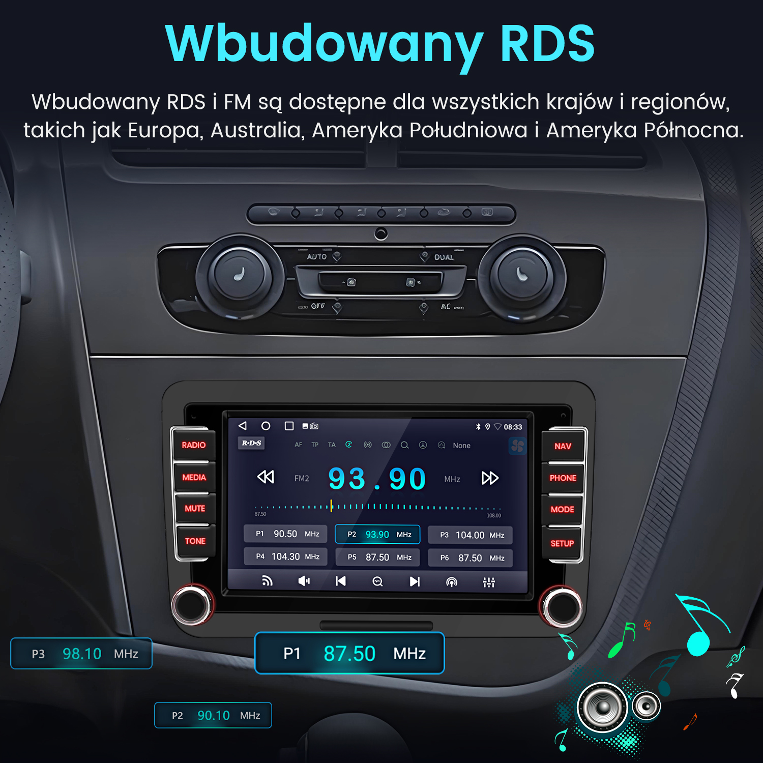 Ekran radia samochodowego wyświetlający częstotliwość FM 93,90 MHz. Widoczne przyciski radia, multimediów, wyciszenia i tonu. Tekst po polsku.