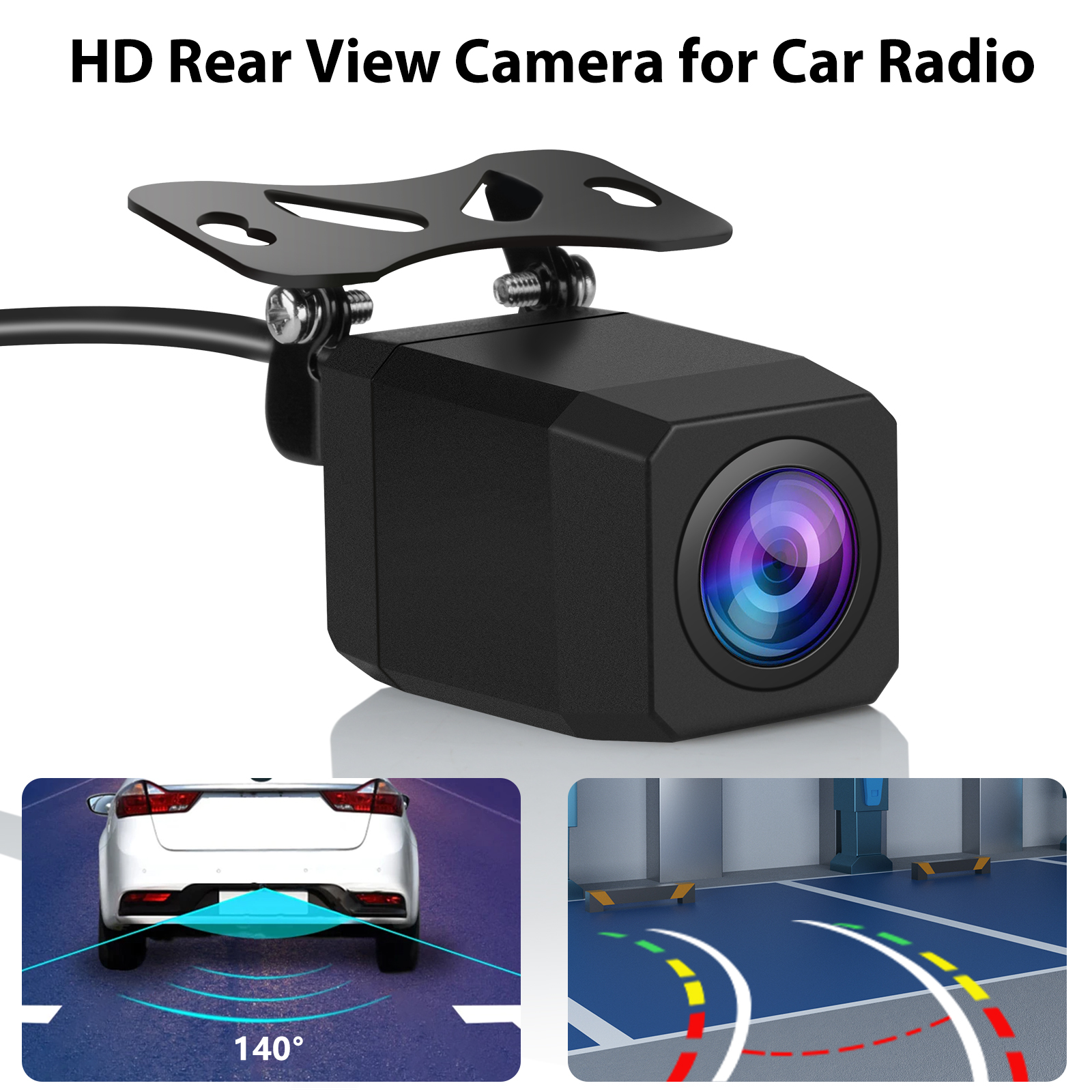 Czarna kamera cofania z uchwytem. Poniżej znajdują się obrazy cofającego samochodu i wyświetlacza czujników parkowania.