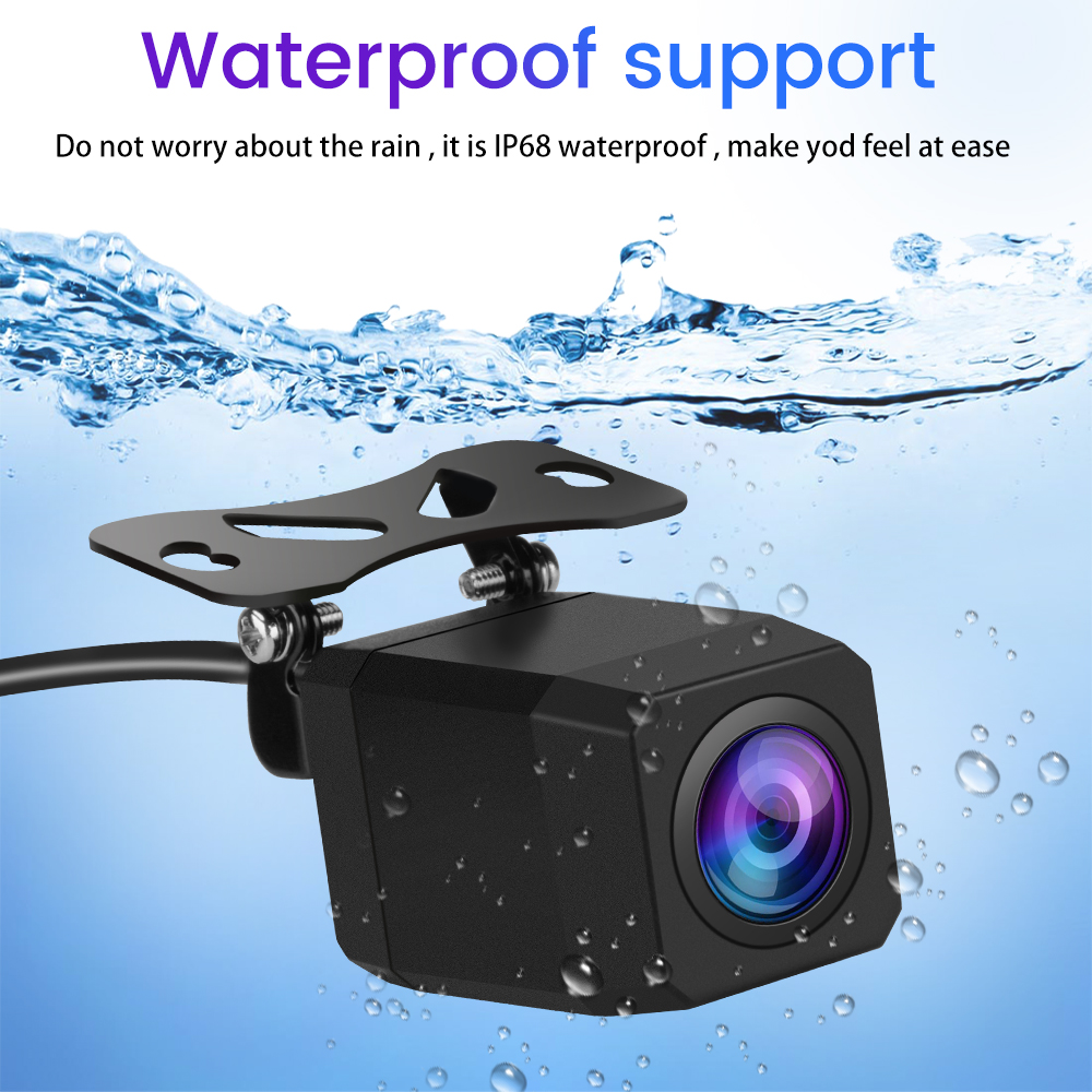 Czarna wodoodporna kamera z uchwytem montażowym jest zanurzona w wodzie. Widoczne są pęcherzyki powietrza. Tekst brzmi 'Wodoodporne wsparcie'.