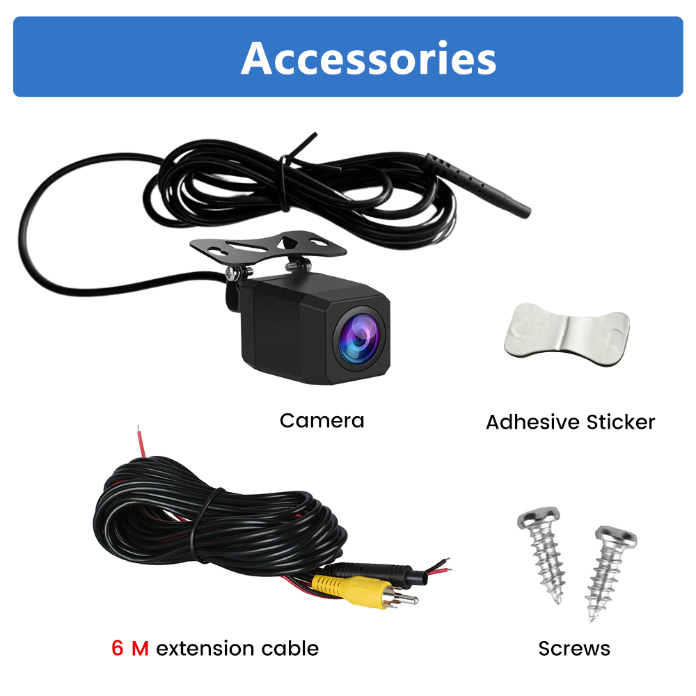 Obraz przedstawia akcesoria samochodowe: kamerę, naklejkę samoprzylepną, przedłużacz 6M i śruby. Wszystko jest czarne, oprócz żółtego kabla.