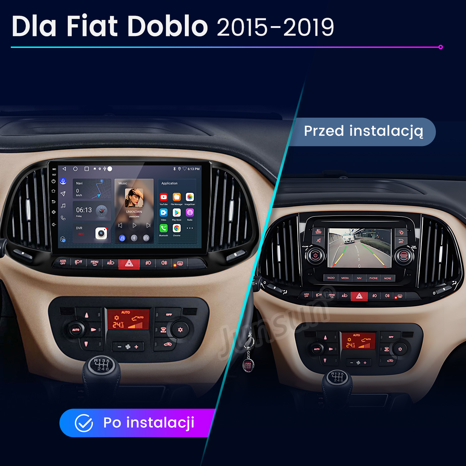 Porównanie deski rozdzielczej Fiata Doblo przed i po instalacji nowego systemu informacyjno-rozrywkowego. Pokazuje ekran i elementy sterujące.