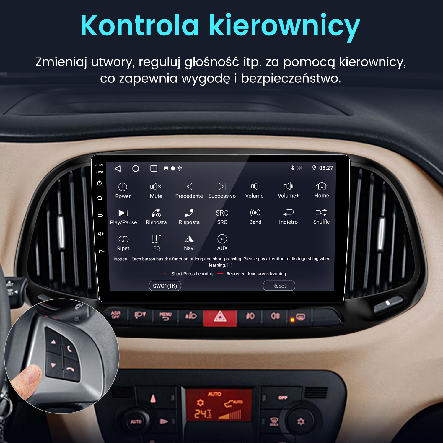 Radio samochodowe z ekranem dotykowym, przyciskami i ręką dotykającą przycisk. Ekran pokazuje interfejs samochodu.