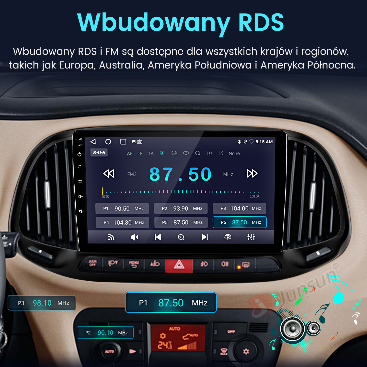 Ekran radia samochodowego wyświetlający informacje radiowe, częstotliwość 87,50 MHz. Widoczne przyciski i zegar. Wnętrze samochodu w tle.