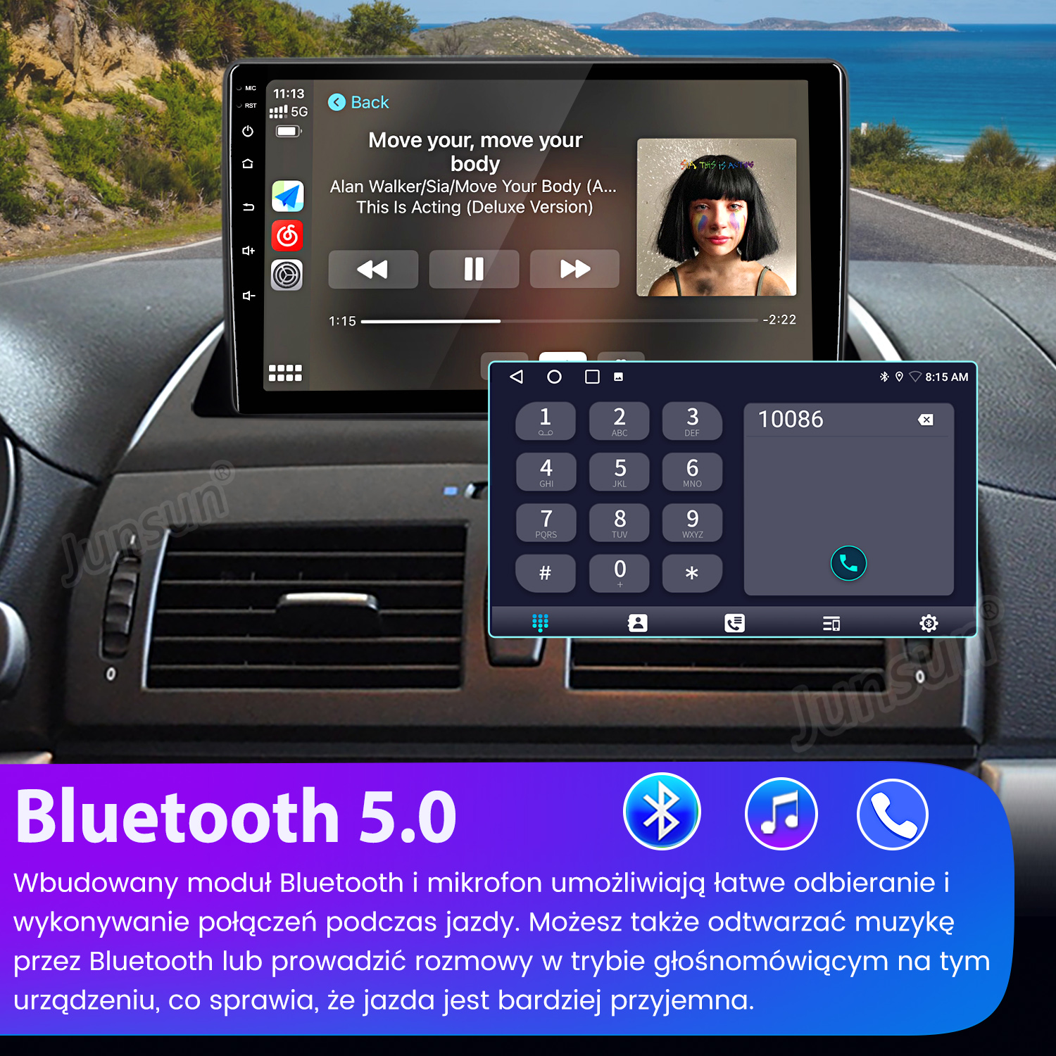 Radio samochodowe wyświetlające interfejs odtwarzacza muzyki i dialer. Ekran pokazuje tytuł piosenki i numer telefonu.