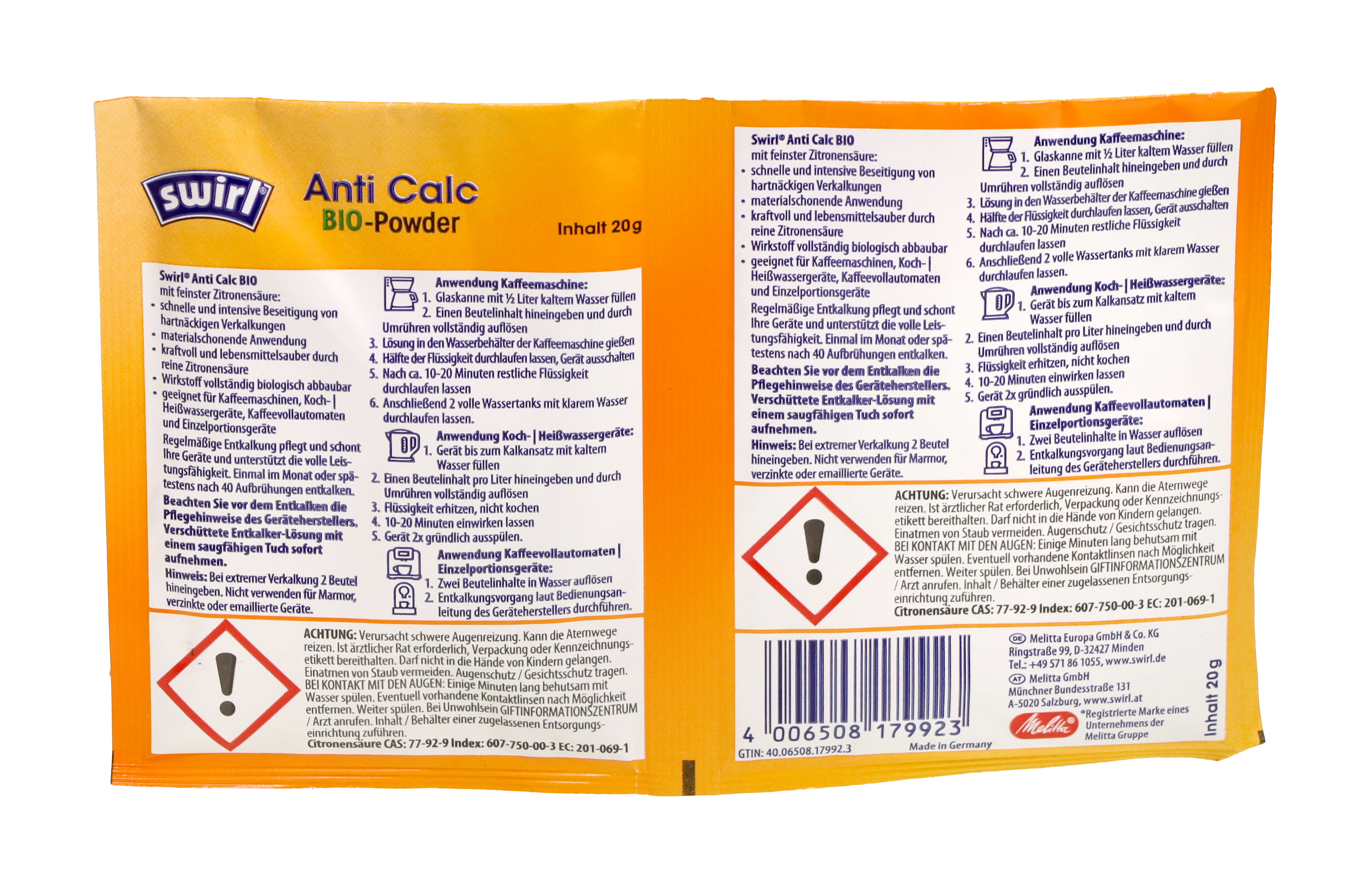 Gelb-blaue Schachtel mit Text, Warnsymbol und Produktinformationen.