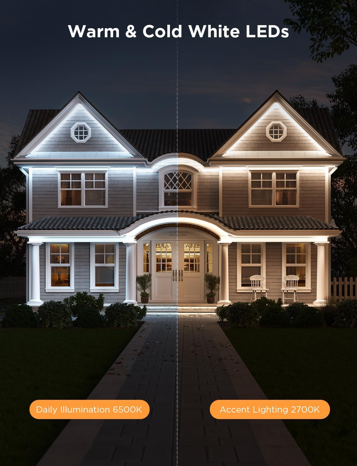 Dom oświetlony ciepłymi i zimnymi białymi diodami LED. Lewa strona pokazuje 6500K do codziennego oświetlenia, prawa 2700K do oświetlenia akcentującego.