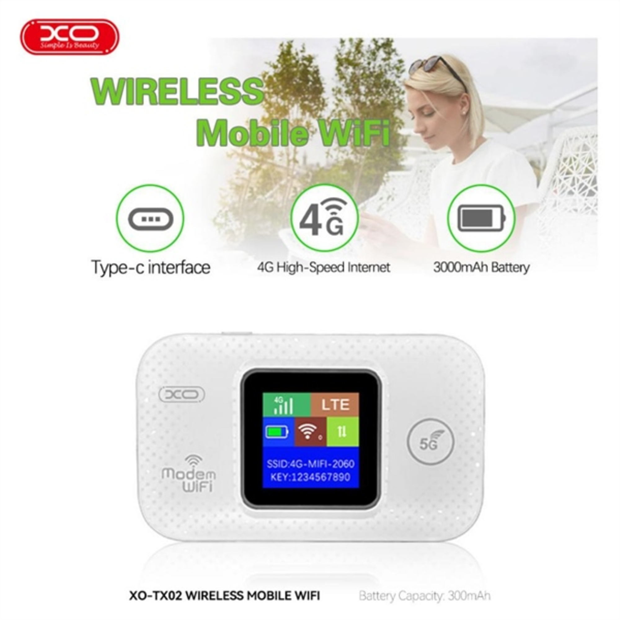 La imagen muestra un dispositivo WiFi móvil blanco. Los detalles incluyen 4G, batería de 3000mAh y una mujer usando un teléfono.
