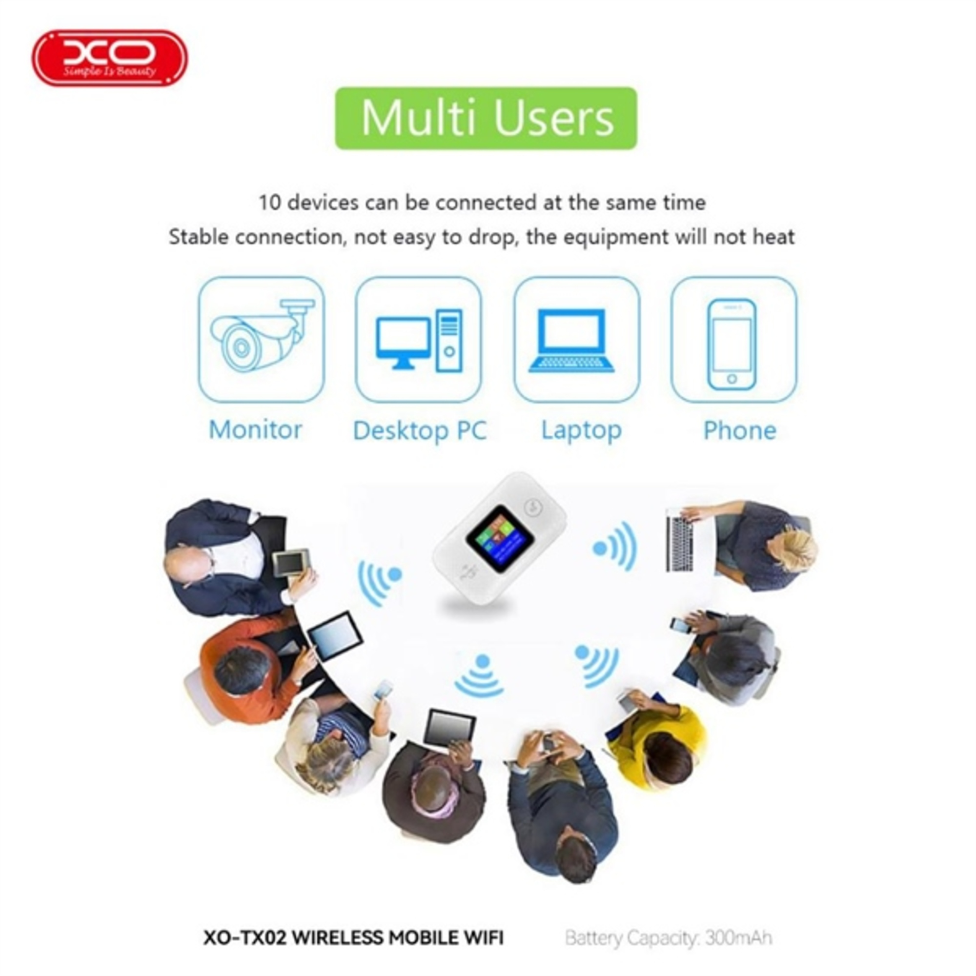 La imagen muestra un dispositivo Wi-Fi conectándose a varios dispositivos. Se muestra a personas usando los dispositivos. El texto dice 'Multi Users'.