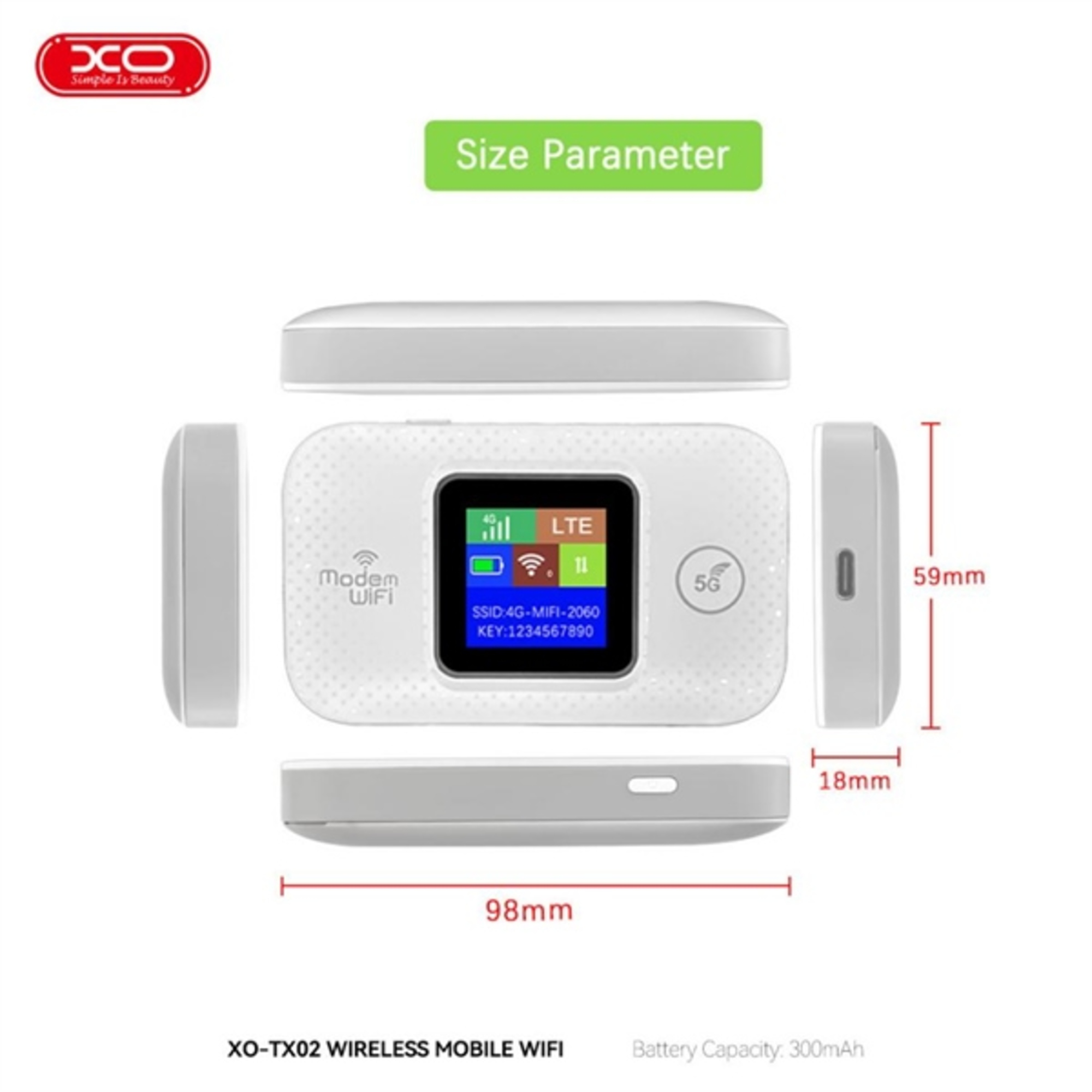 Un dispositivo WiFi móvil inalámbrico XO-TX02 blanco. Muestra una pantalla con información de red y dimensiones.
