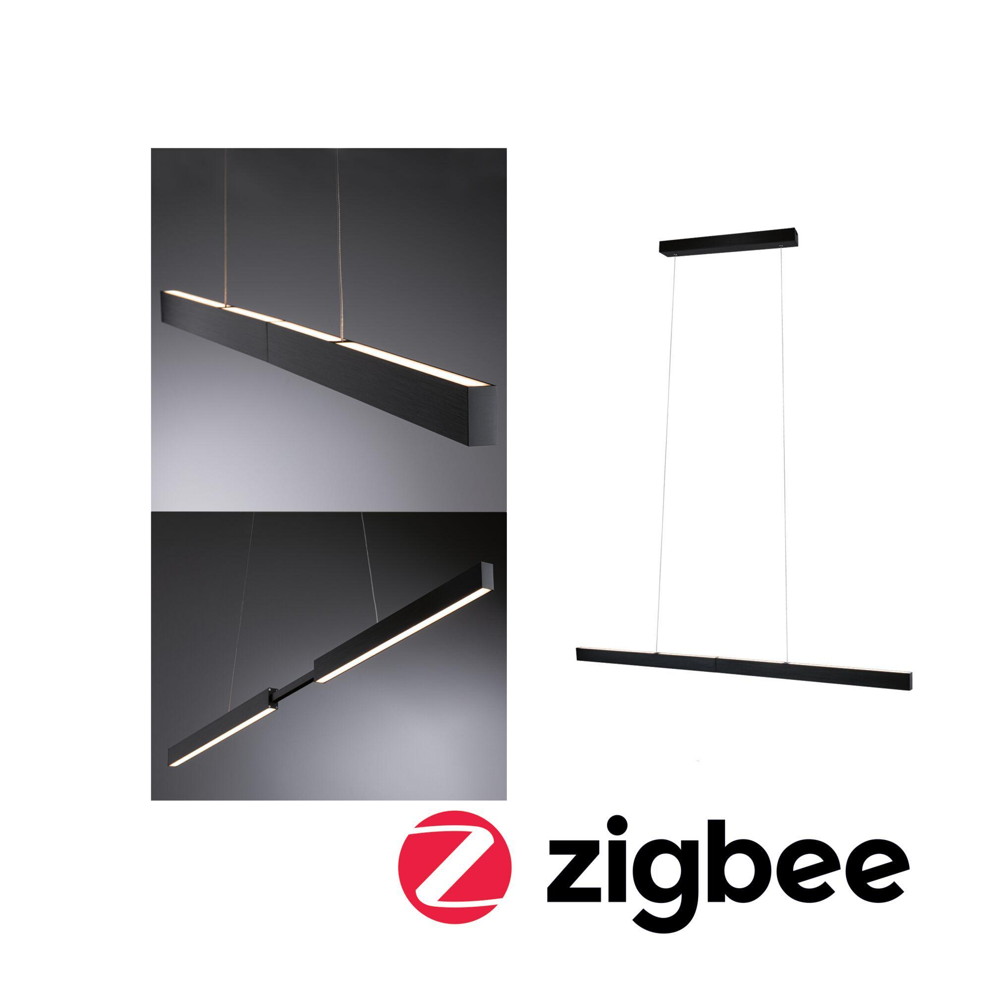 Luminaires suspendus rectangulaires noirs avec lumière blanche. Le logo Zigbee est en bas à droite.