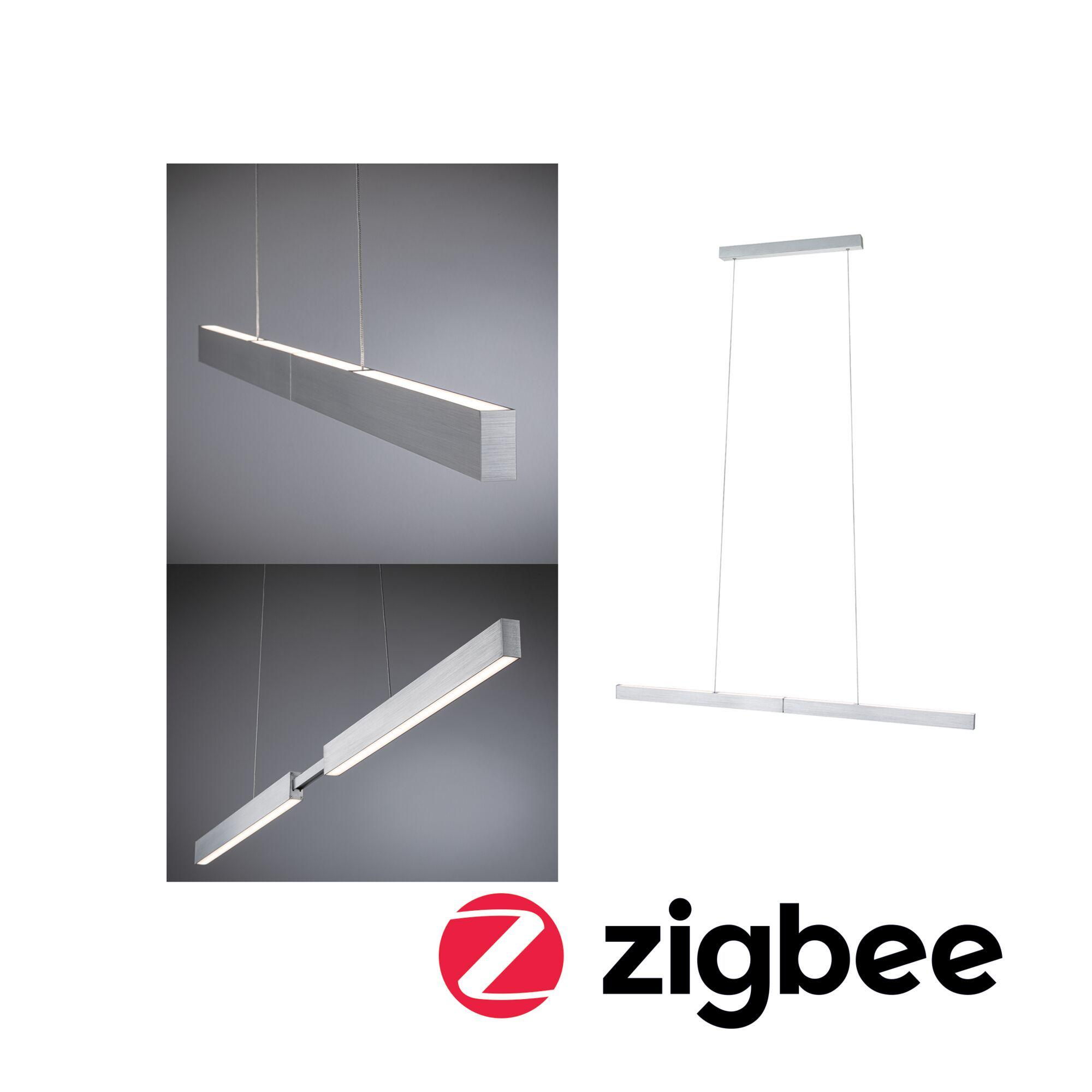 L'image montre un luminaire moderne avec plusieurs vues. Le luminaire est rectangulaire et argenté, avec un éclairage intégré. Le logo Zigbee est présent.