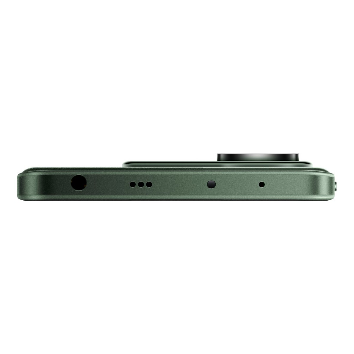 Vista laterale di uno smartphone verde. Le caratteristiche includono un jack per cuffie, tre piccoli fori, un foro per microfono e un obiettivo.
