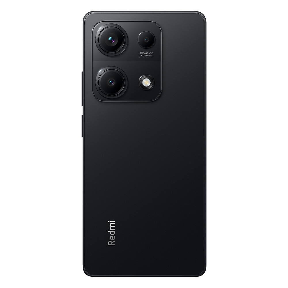Czarny tył smartfona z obiektywami aparatu, lampą błyskową i logo Redmi. Telefon jest prostokątny z zaokrąglonymi rogami.
