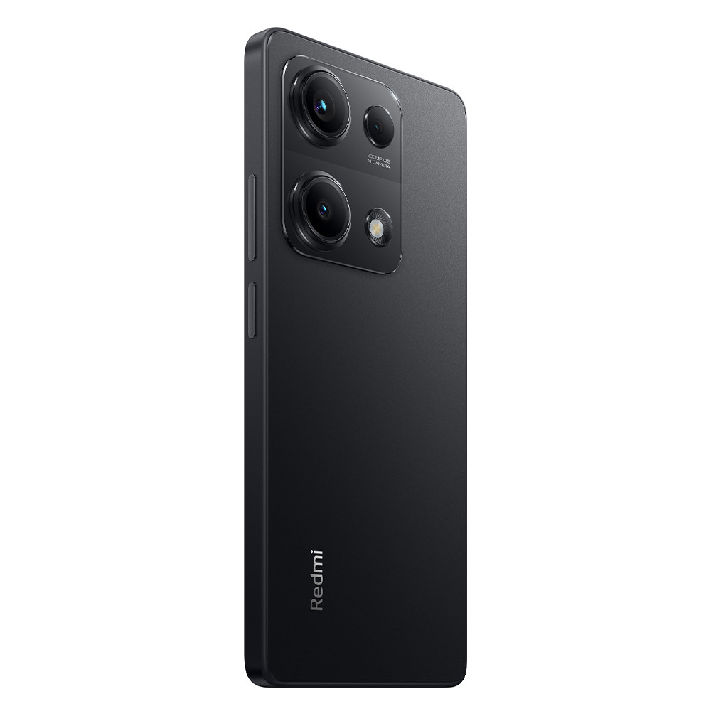 Czarny smartfon Redmi. Ma wiele obiektywów aparatu i boczny przycisk. Logo Redmi znajduje się na dole.