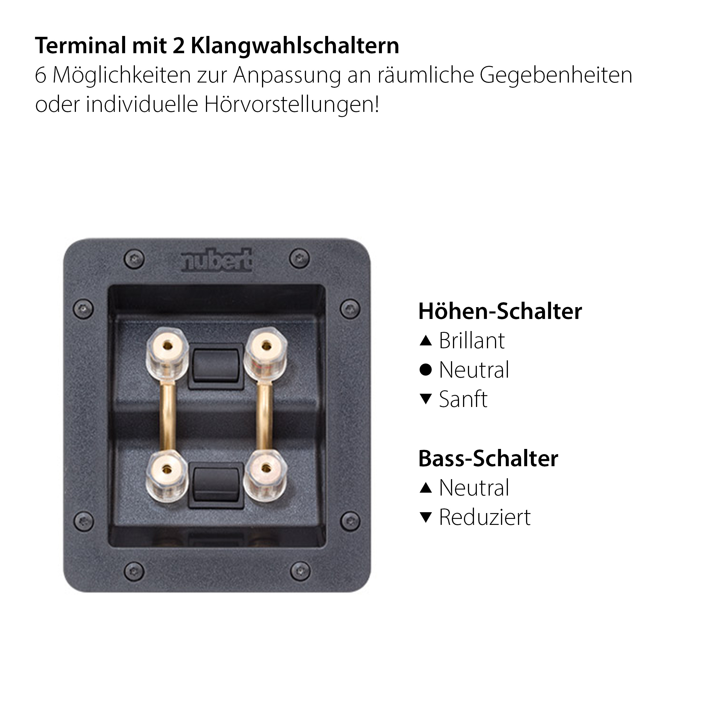 Ein schwarzes Terminal mit zwei Schaltern, Goldanschlüssen und Text auf Deutsch.