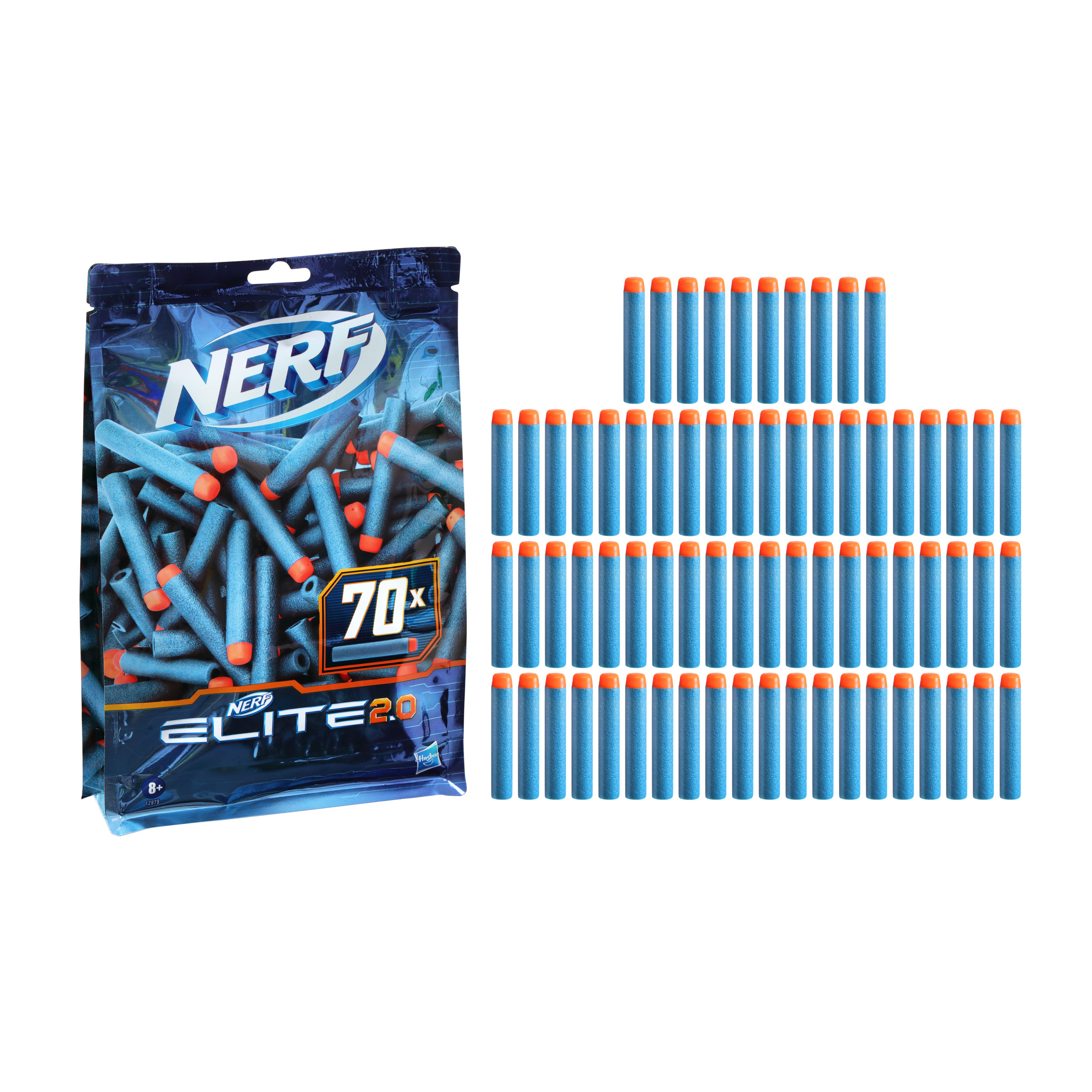 Un pacchetto di dardi Nerf Elite 2.0 e un mucchio di dardi sono a destra. I dardi sono blu con punte arancioni.