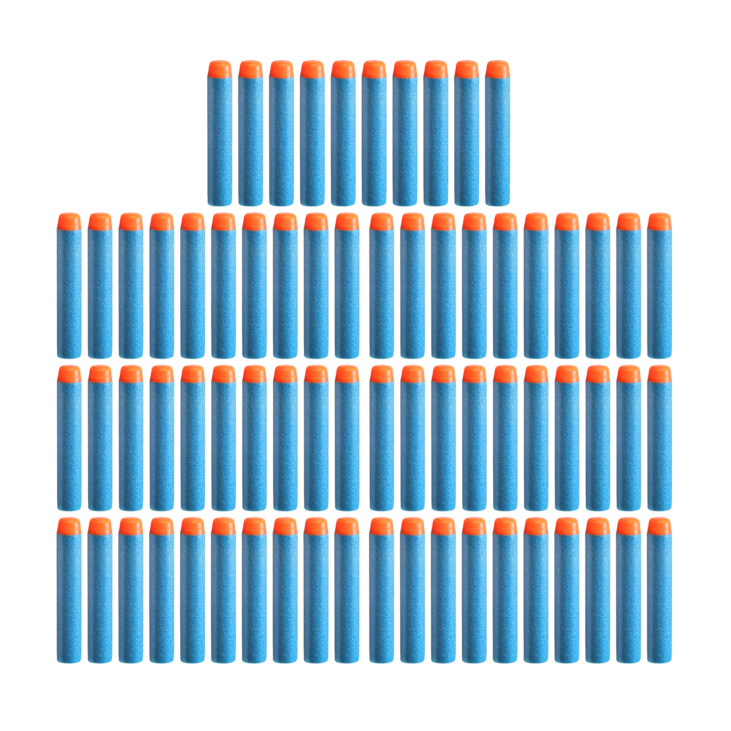 Immagine con molti proiettili di schiuma blu con punte arancioni, disposti su file su sfondo bianco.