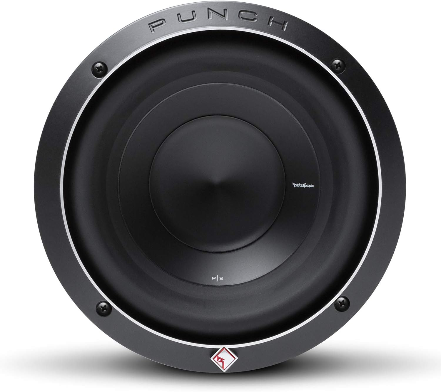 Ein schwarzer Subwoofer mit silberner Zierleiste und dem Markennamen 'Punch'. Der Lautsprecher hat mehrere Schichten und einen zentrierten Konus.
