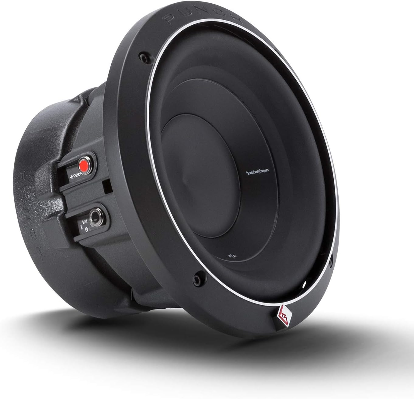 Schwarzer Subwoofer mit weißem Rand. Enthält den Markennamen 'Rockford Fosgate'. Hat eine rote Taste und Eingangsanschlüsse an der Seite.