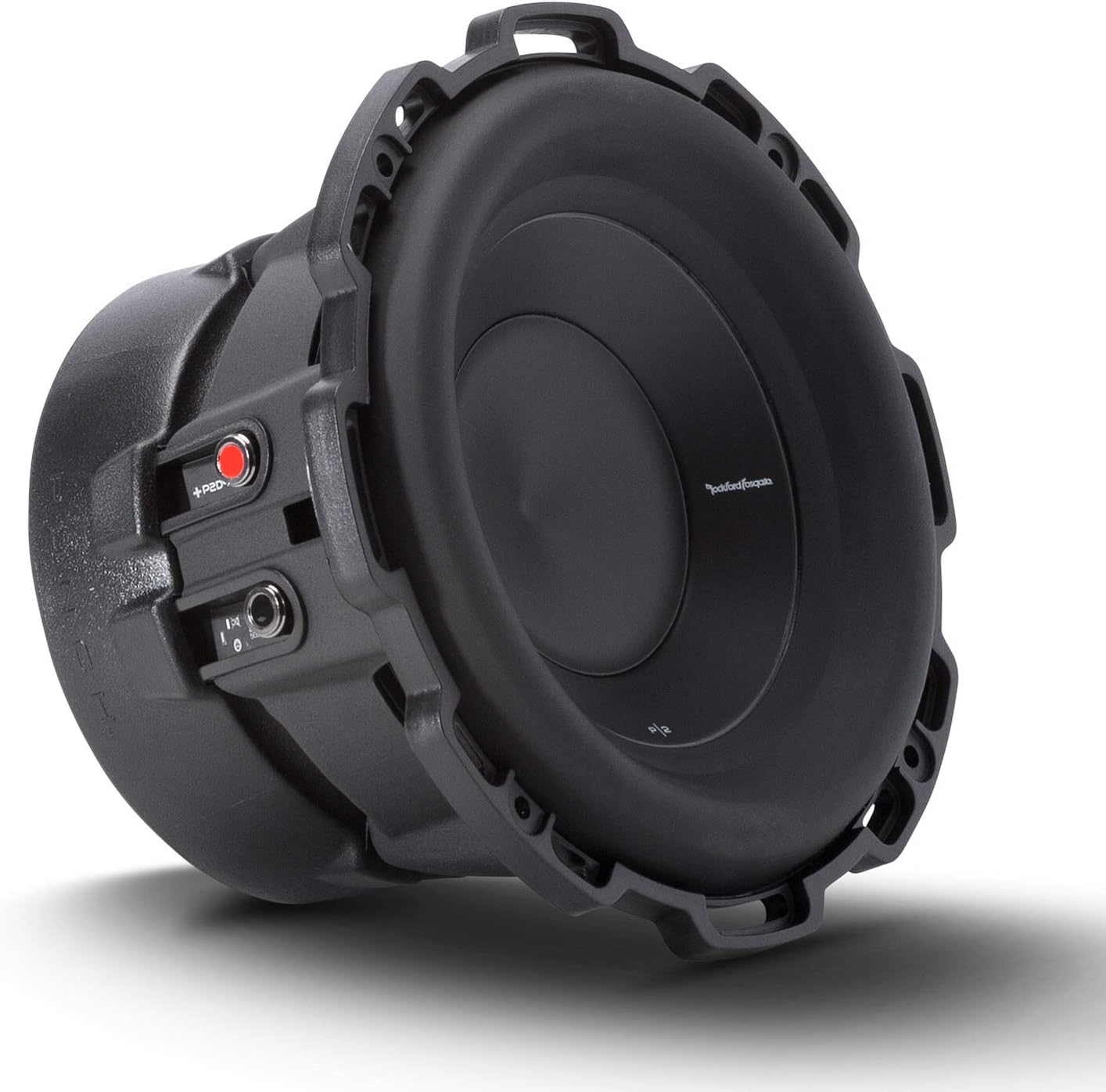 Ein schwarzer Subwoofer mit rotem Knopf. Der Lautsprecher ist zylindrisch mit großer Öffnung und Schutzrahmen am Rand.