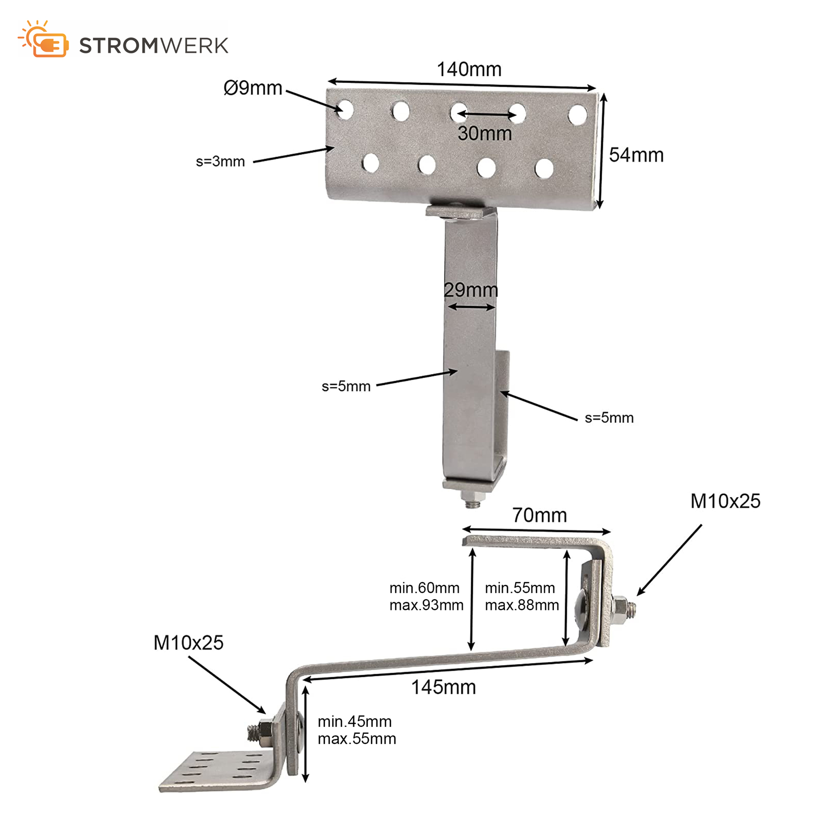 Eine Metallhalterung mit beschrifteten Abmessungen und Maßen. Enthält Schrauben, Löcher und das Stromwerk-Logo.