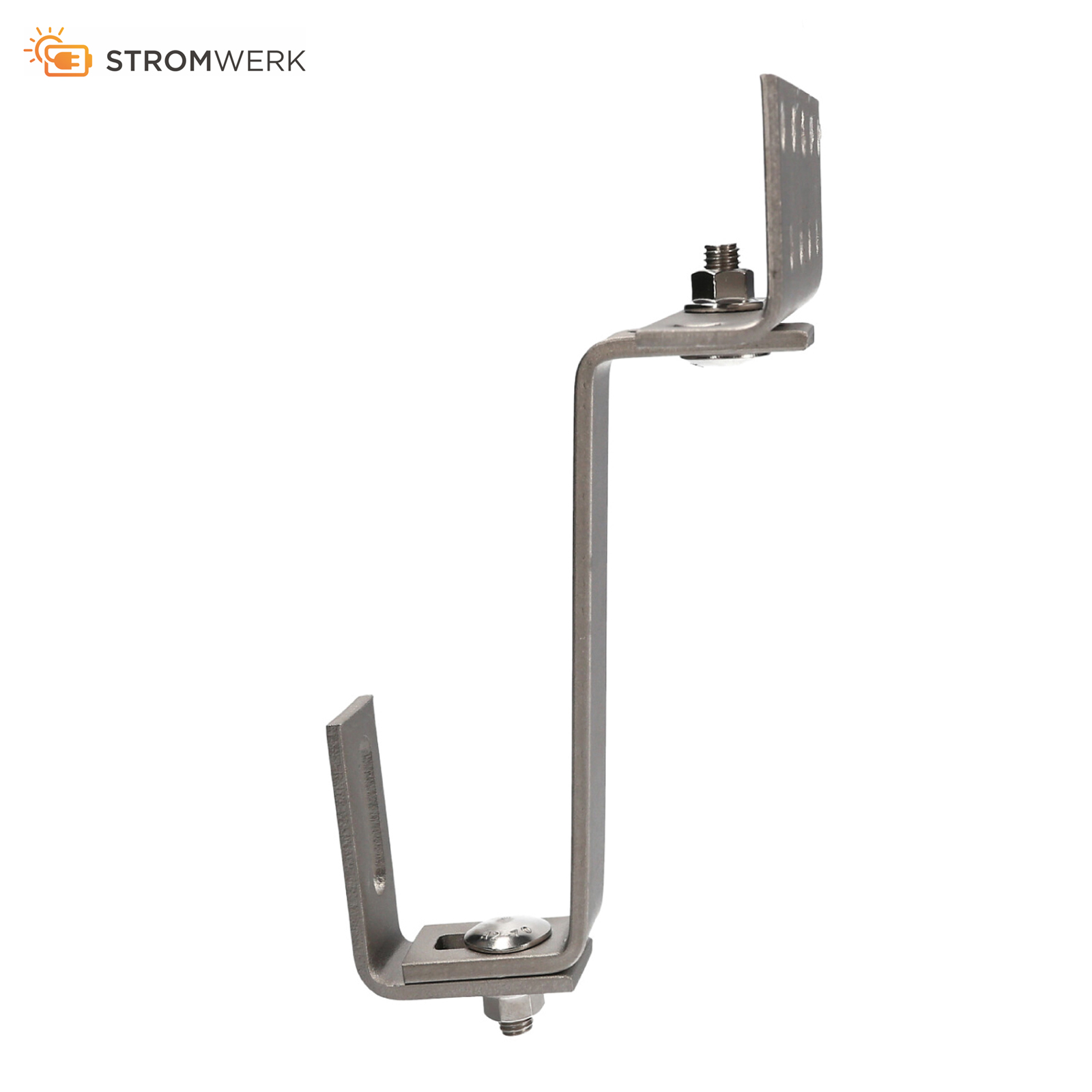 Metallhalterung mit Schrauben und Muttern, für die Montage von Solarmodulen. Auf weißem Hintergrund, mit 'STROMWERK'-Logo.