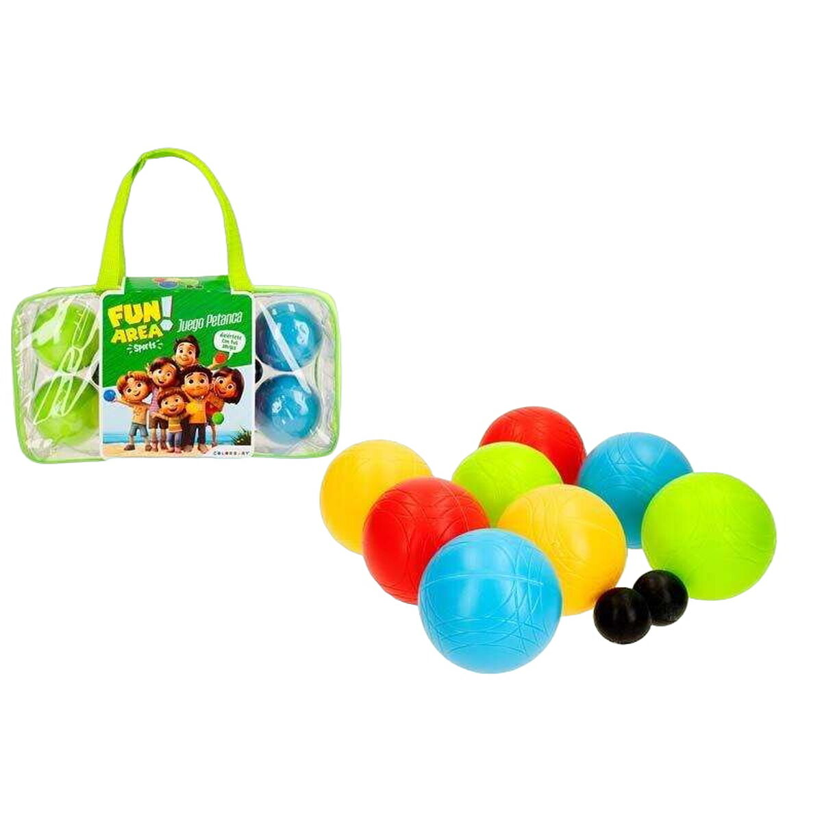 Un juego de bolas de petanca con una bolsa de transporte y bolas de varios colores. Algunas bolas están dentro de la bolsa y otras fuera.