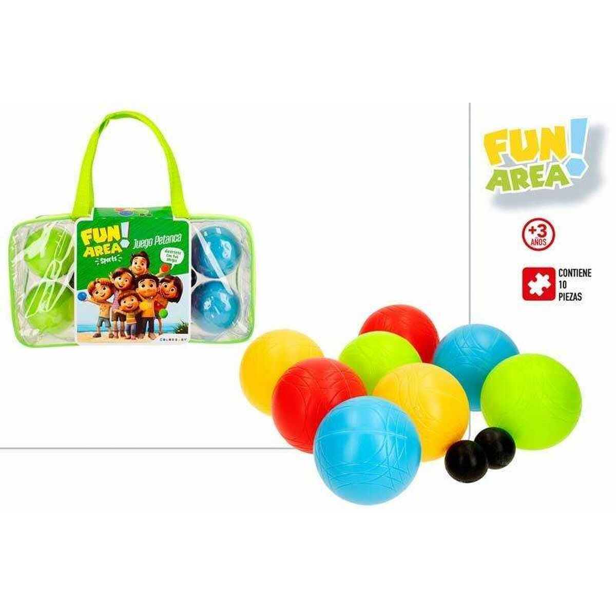 Un juego de bochas en diferentes colores, incluyendo una bolsa transparente con bolas verdes y azules. El paquete dice 'Fun Area'.