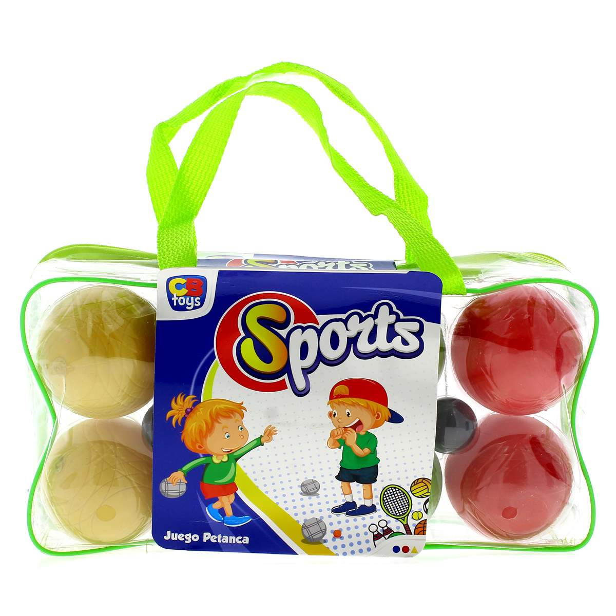 Una bolsa transparente con asas verdes contiene pelotas deportivas. La bolsa tiene una etiqueta azul con la palabra "Sports" y dos niños de dibujos animados.
