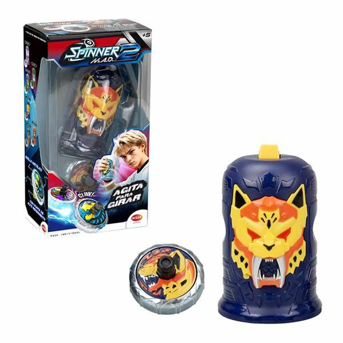 Un juego de juguetes con un trompo con cara de tigre azul y amarillo. La caja muestra a un niño sosteniendo un trompo. También hay un trompo separado.