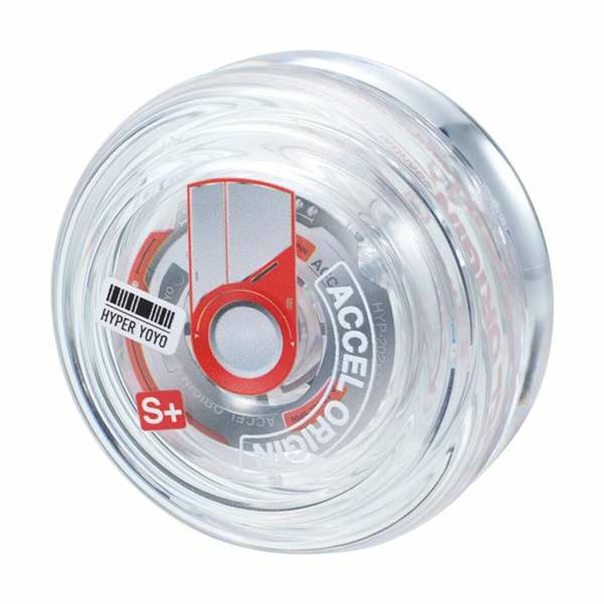 Yo-yo transparente con componentes internos rojos y plateados. La etiqueta dice 'HYPER YO YO'. Texto Accel Origin visible.