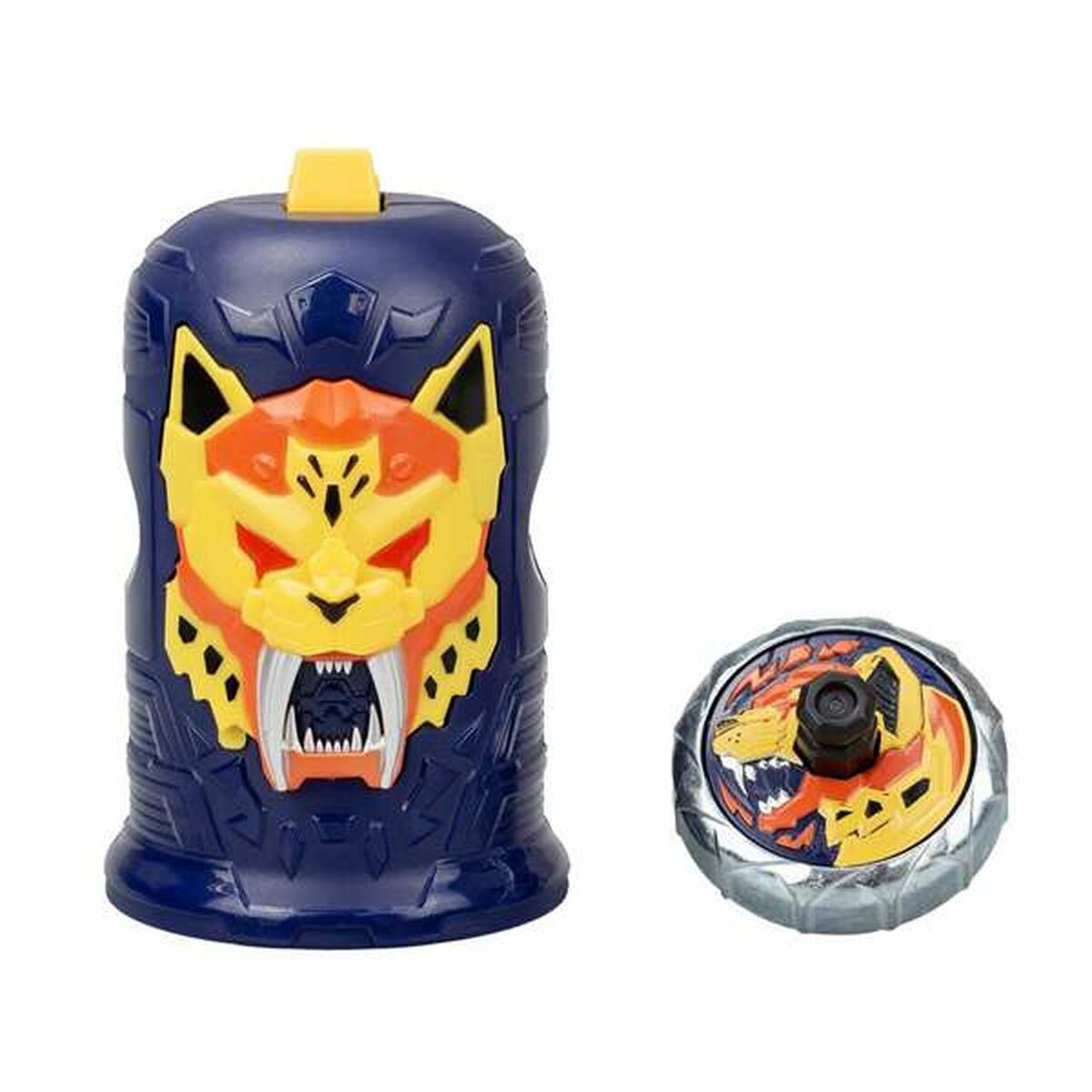 Un juguete azul con diseño de cara de tigre. Tiene una peonza separada. El diseño es amarillo y naranja.