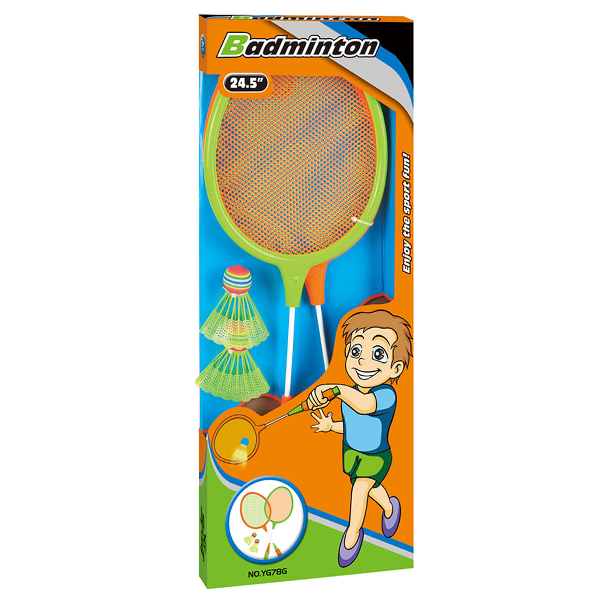 Un juego de bádminton. Una raqueta verde y naranja, volantes y un niño jugando al bádminton en la caja. 