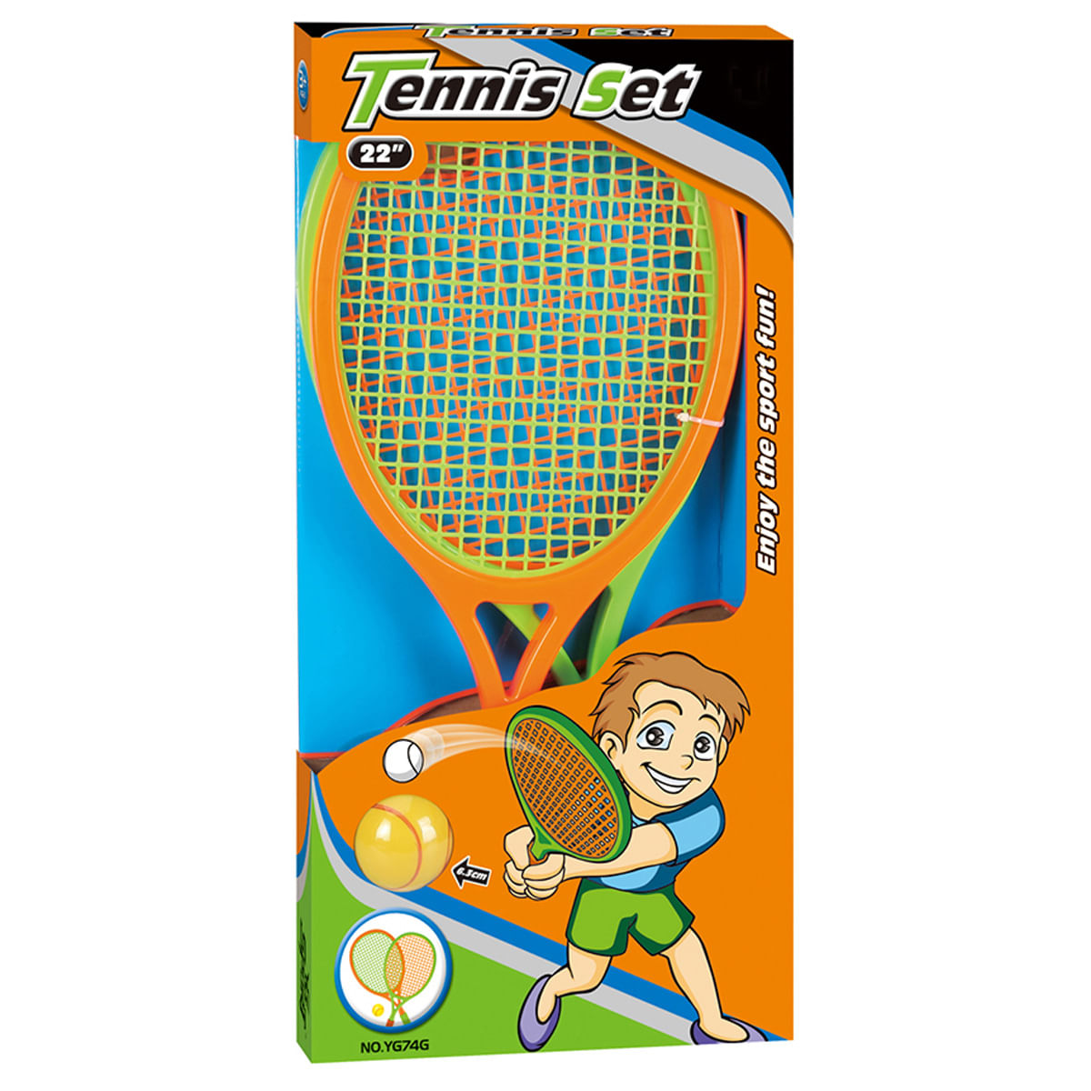 Una caja de juego de tenis con una raqueta y pelotas. Un niño de dibujos animados sostiene una raqueta. La caja dice 'Tennis Set' y '¡Disfruta del deporte!'