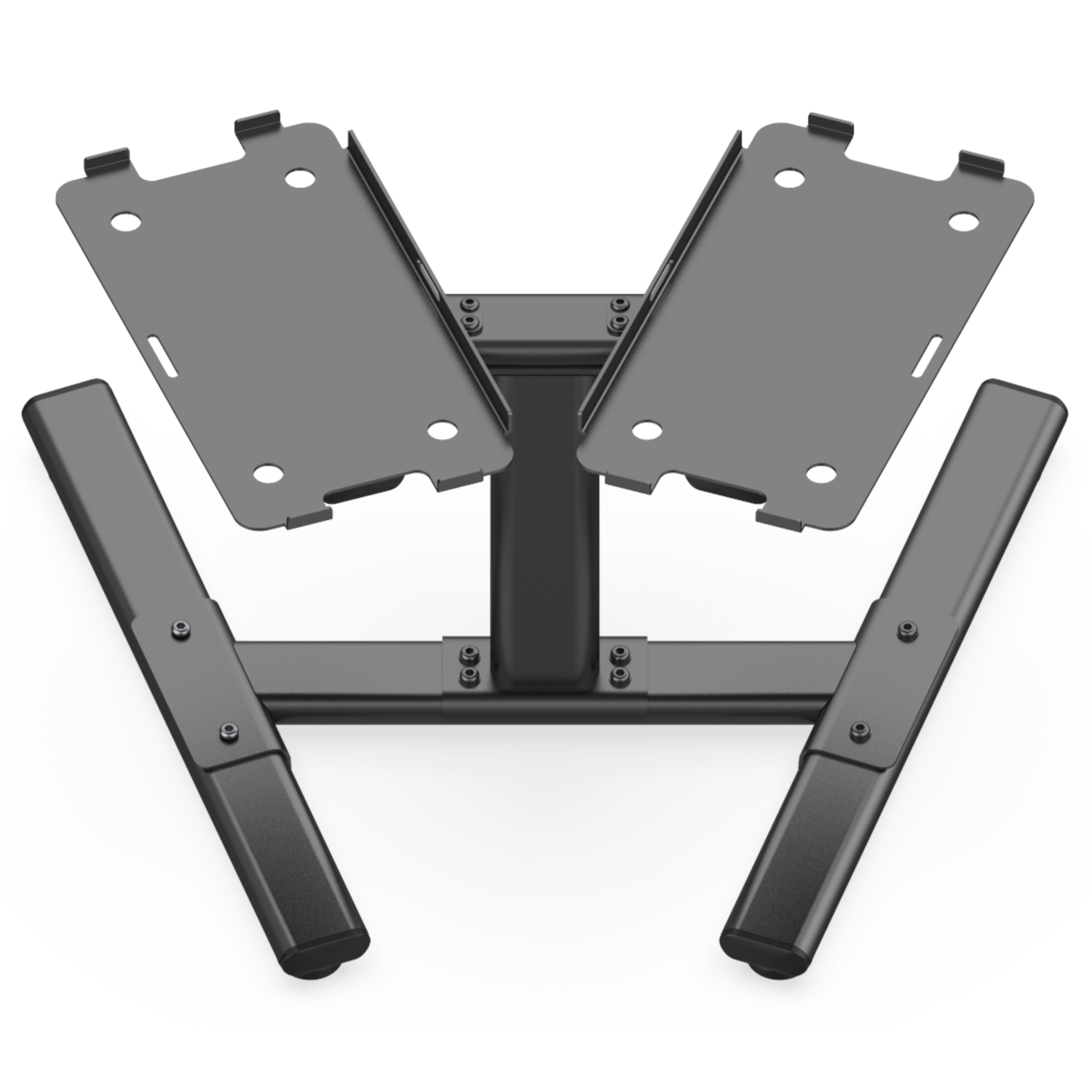 Een zwarte metalen standaard voor het vasthouden van items. Twee schuine platen aan de bovenkant, ondersteund door een centrale structuur en twee onderste poten.