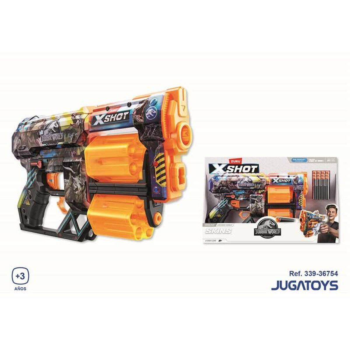 Una pistola de juguete X-Shot Jurassic World, naranja y negra, con una caja que muestra la pistola y un niño sosteniéndola.