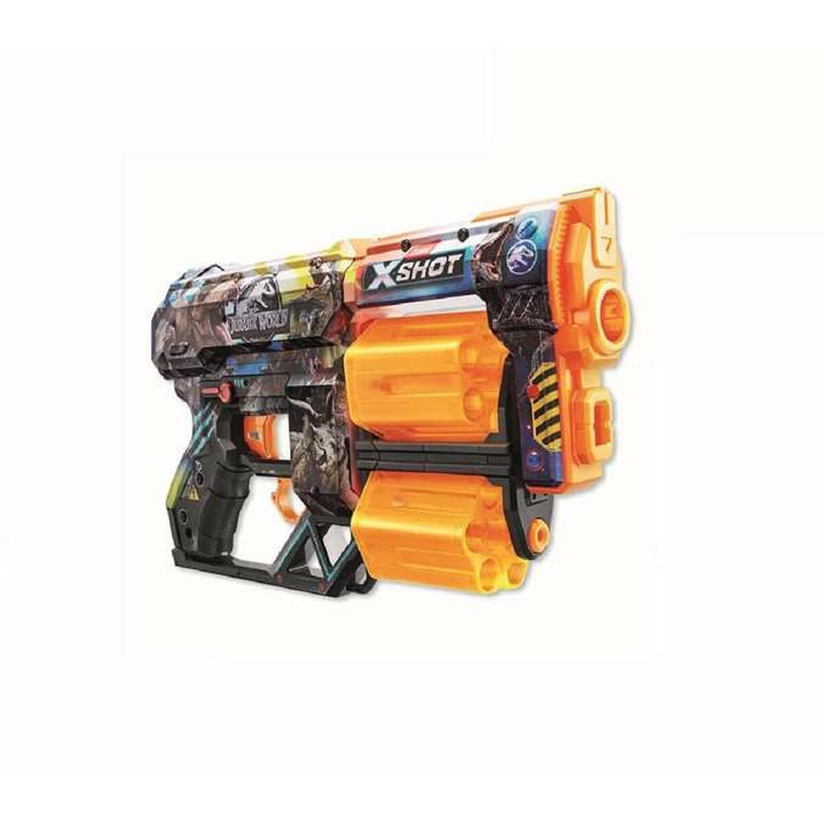 Una pistola de juguete XSHOT, con colores naranja y negro. Tiene un tema de Jurassic World.
