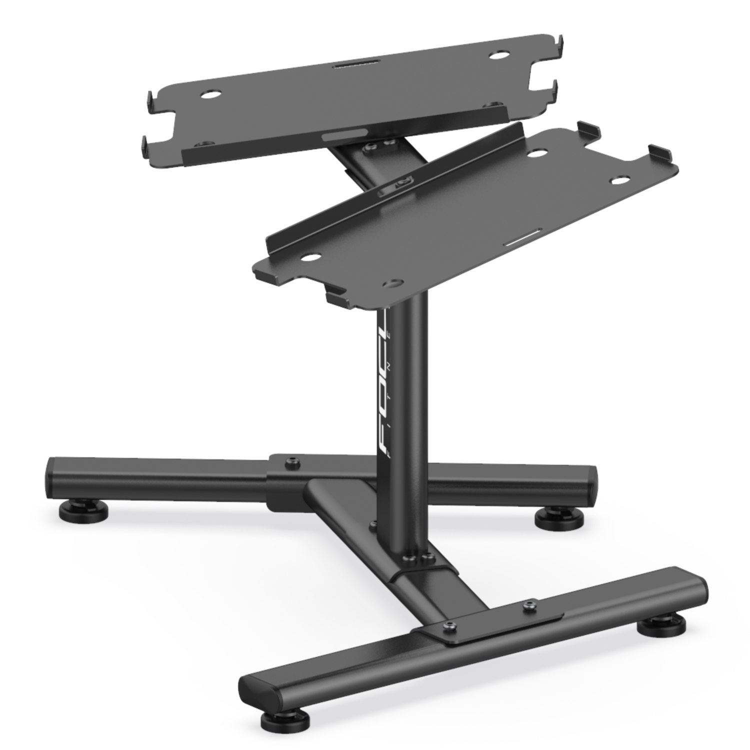 Een zwarte metalen standaard met twee schuine platforms. Het heeft een centrale verticale steun en een basis met vier poten.